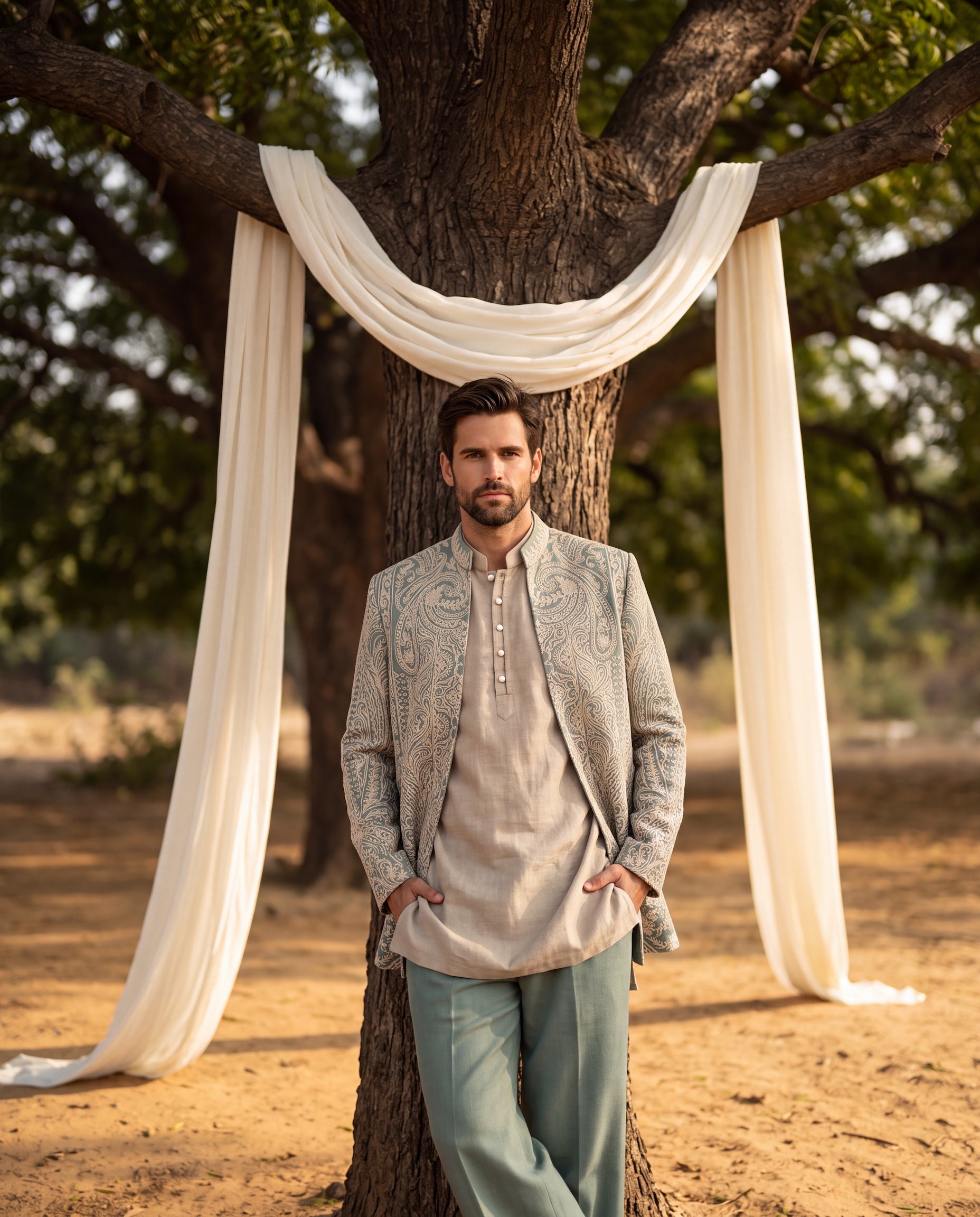 Sage green Textured knit Indo-Western jacket with beige dori embroidery detailing, paired with a Monga silk kurta and matching palazzo.