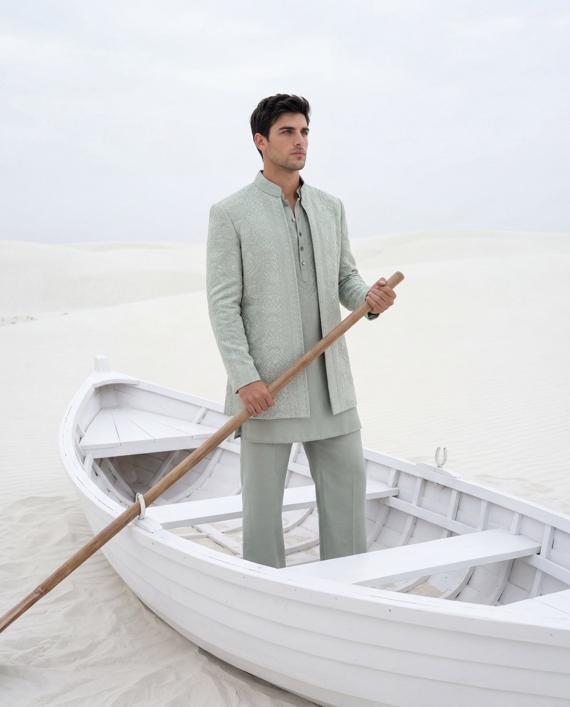 Sage green Linen rayon silk Indo-Western jacket with tonal embroidery detailing, paired with a matching kurta and palazzo.