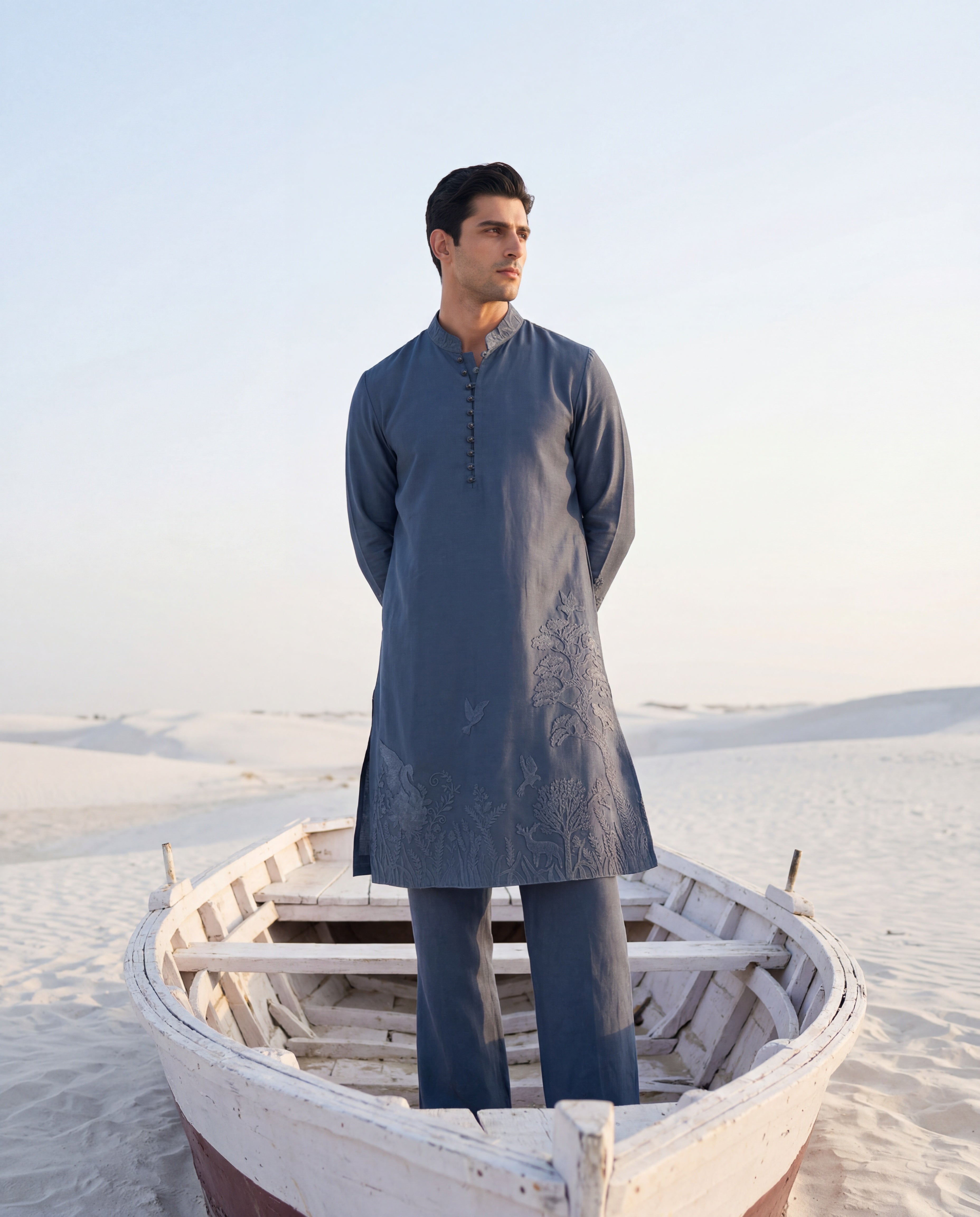 Dark turquoise Chanderi silk kurta with tonal embroidery, paired with matching Chanderi silk palazzo.