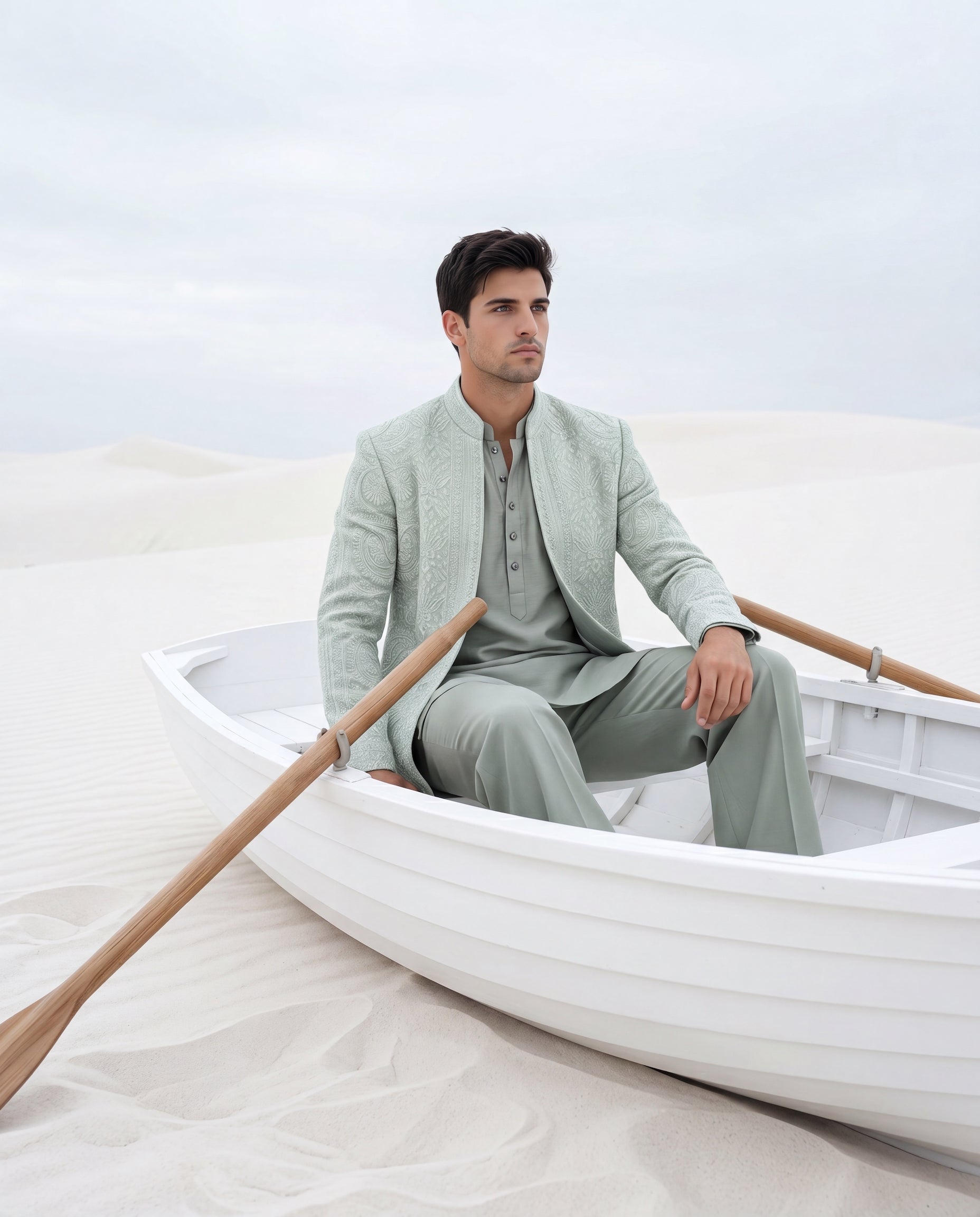 Sage green Linen rayon silk Indo-Western jacket with tonal embroidery detailing, paired with a matching kurta and palazzo.