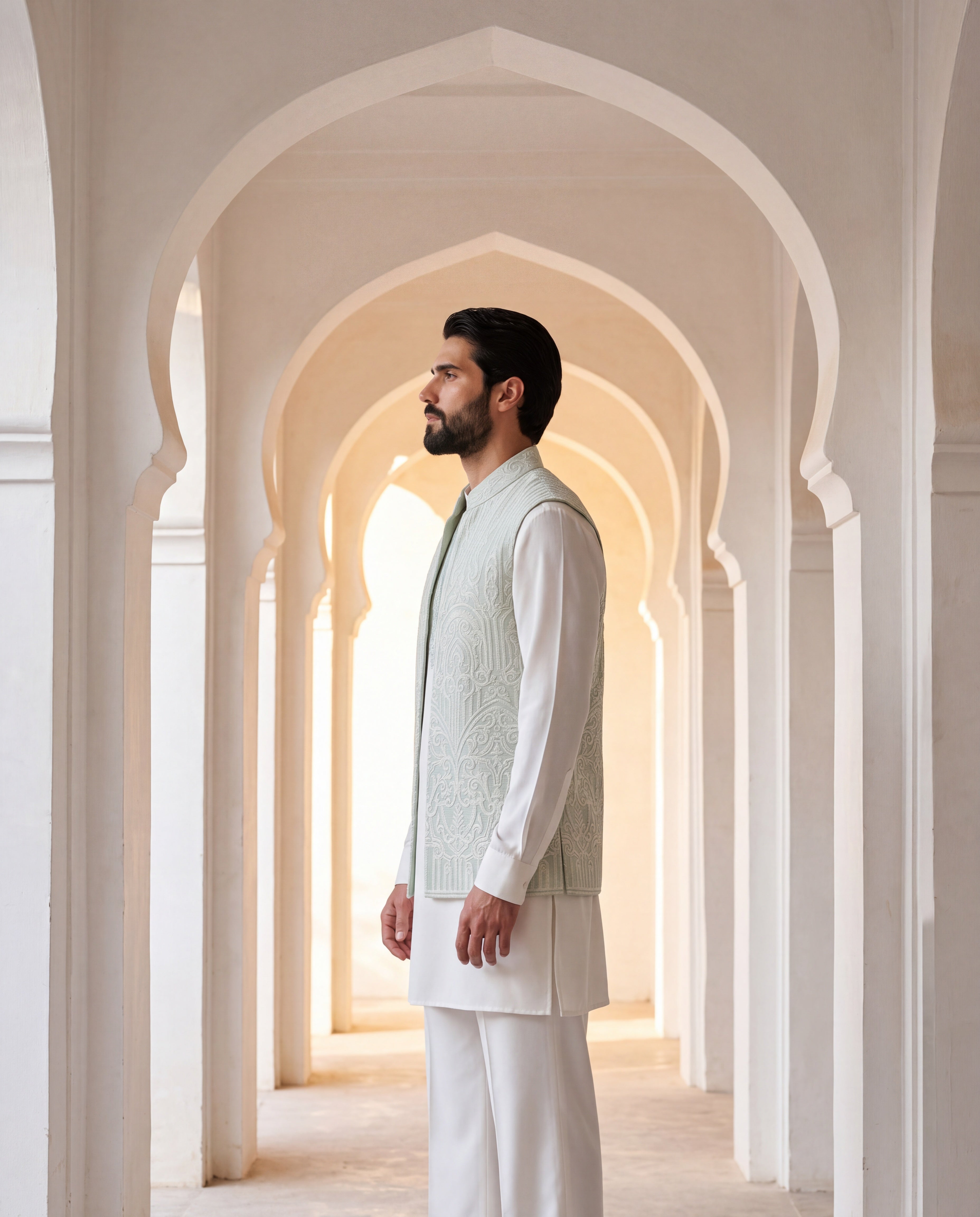 Mint green textured rayon waistcoat with white dori hand embroidery detailing, paired with a ivory knit kurta with embroidery detailing on the neck-line and matching plazzo pants.