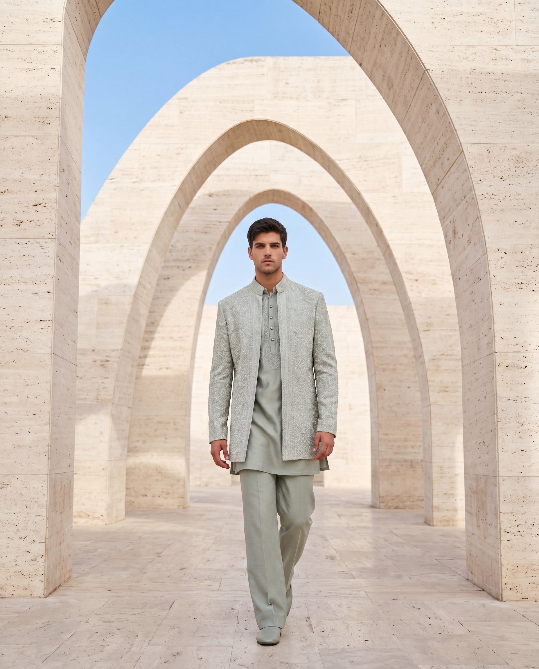 Sage green Linen rayon silk Indo-Western jacket with tonal embroidery detailing, paired with a matching kurta and palazzo.