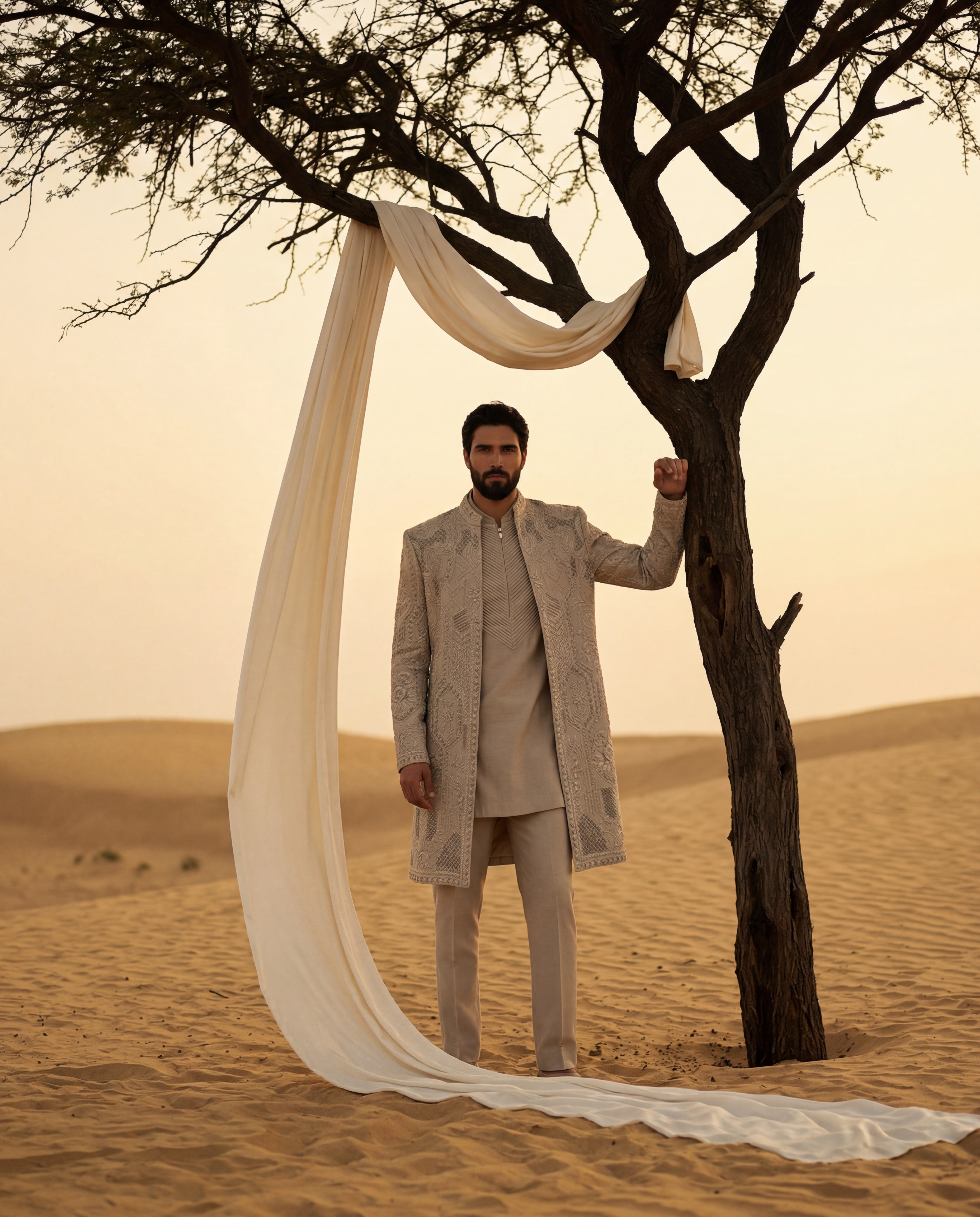 Khakhi Linen rayon long indowestern jacket with textured monotone embroidery detailing, paired with a pintuck kurta with front pleat detailing, paired with matching linen rayon pants.