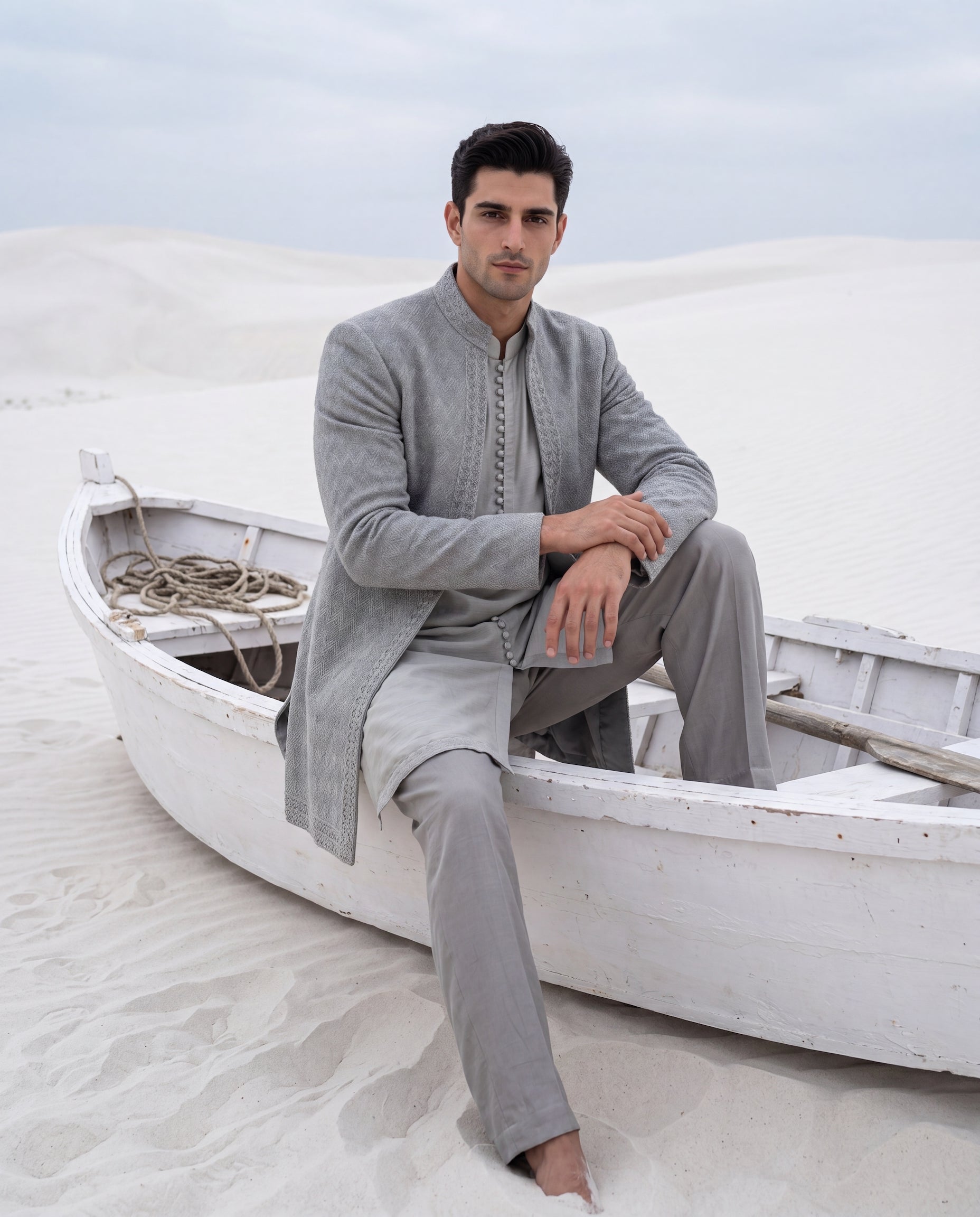Sage green Crochet Indo-Western jacket with tonal embroidery detailing, paired with a Monga silk kurta and knit pants.