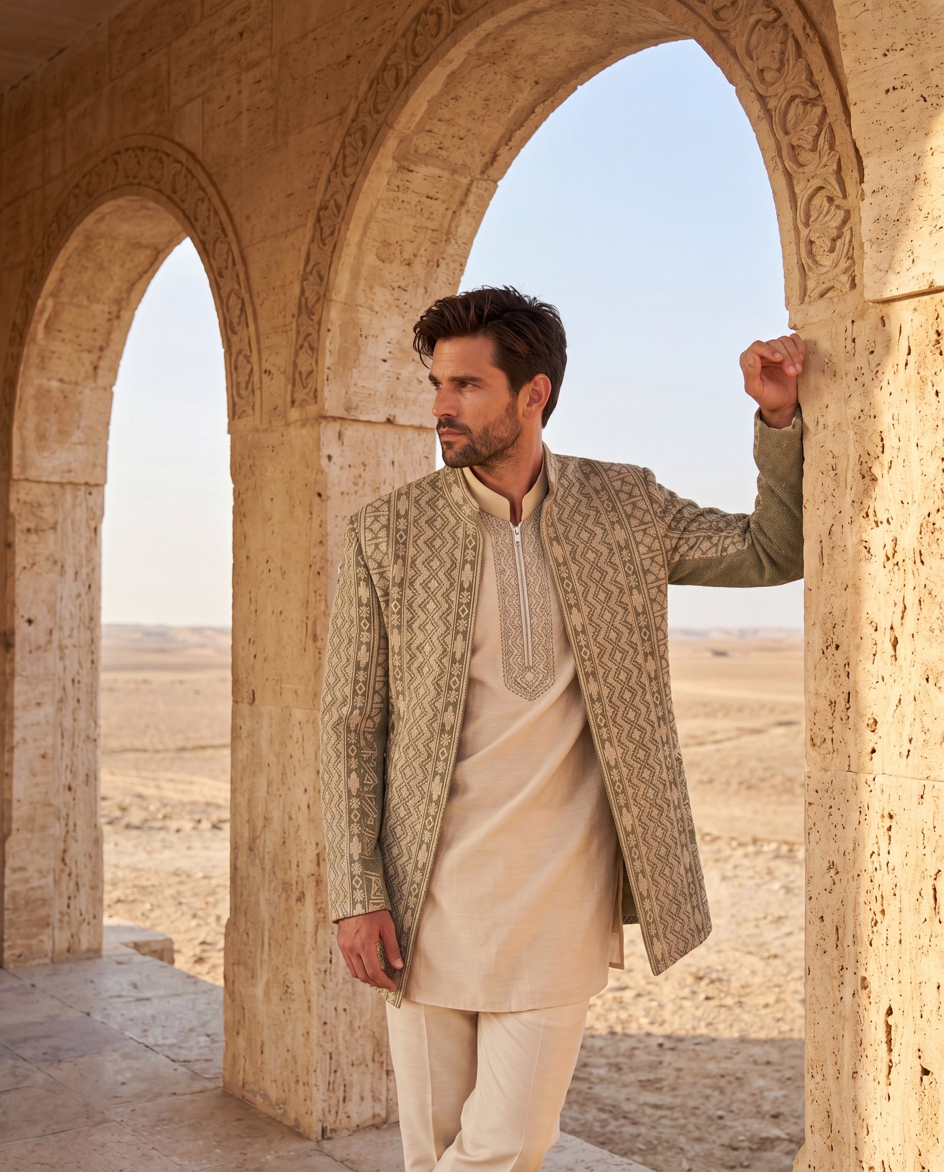 Olive green Textured rayon Indo-Western jacket with beige dori embroidery detailing, paired with a Monga silk kurta with embroidered neckline and cotton silk palazzo.
