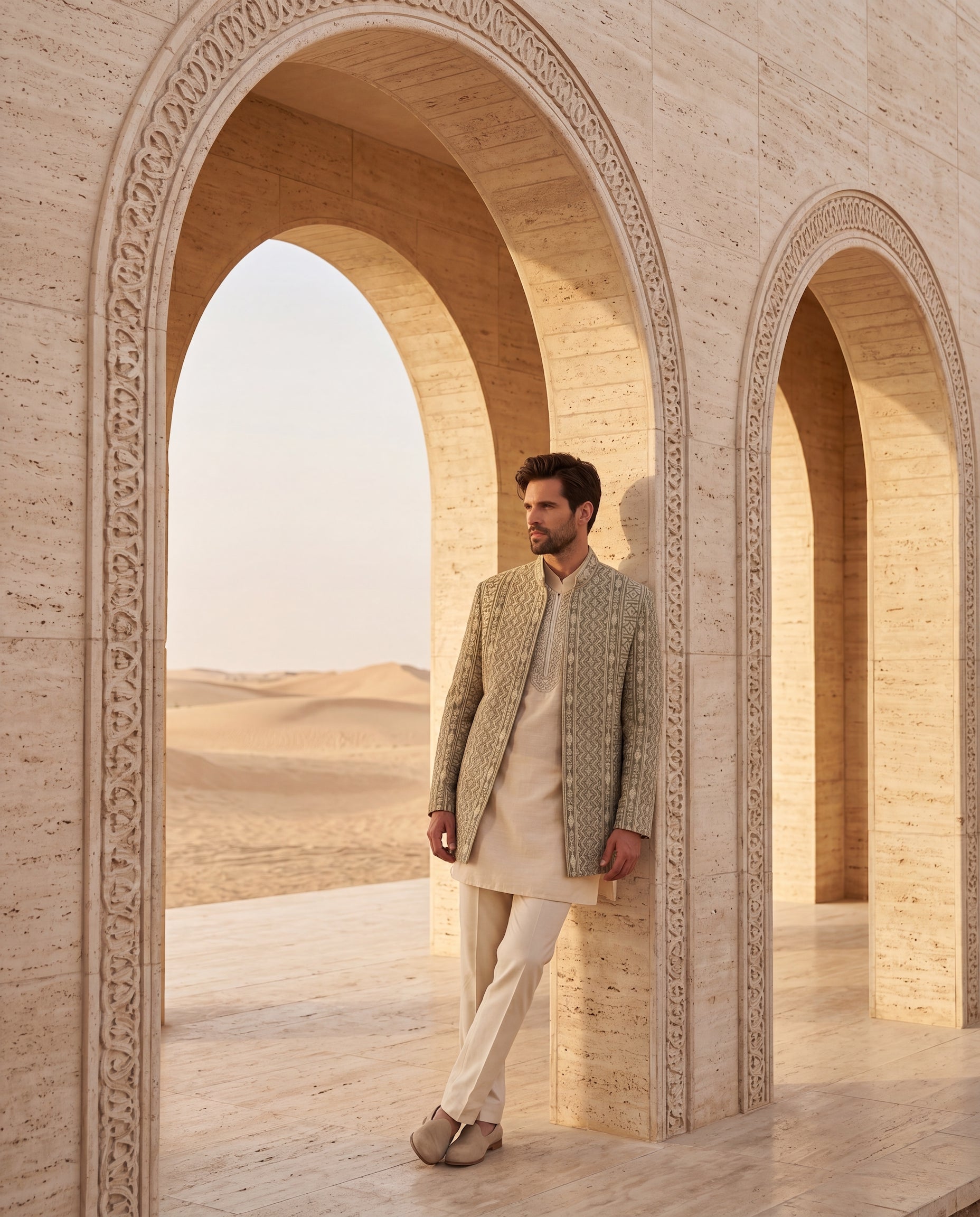 Olive green Textured rayon Indo-Western jacket with beige dori embroidery detailing, paired with a Monga silk kurta with embroidered neckline and cotton silk palazzo.