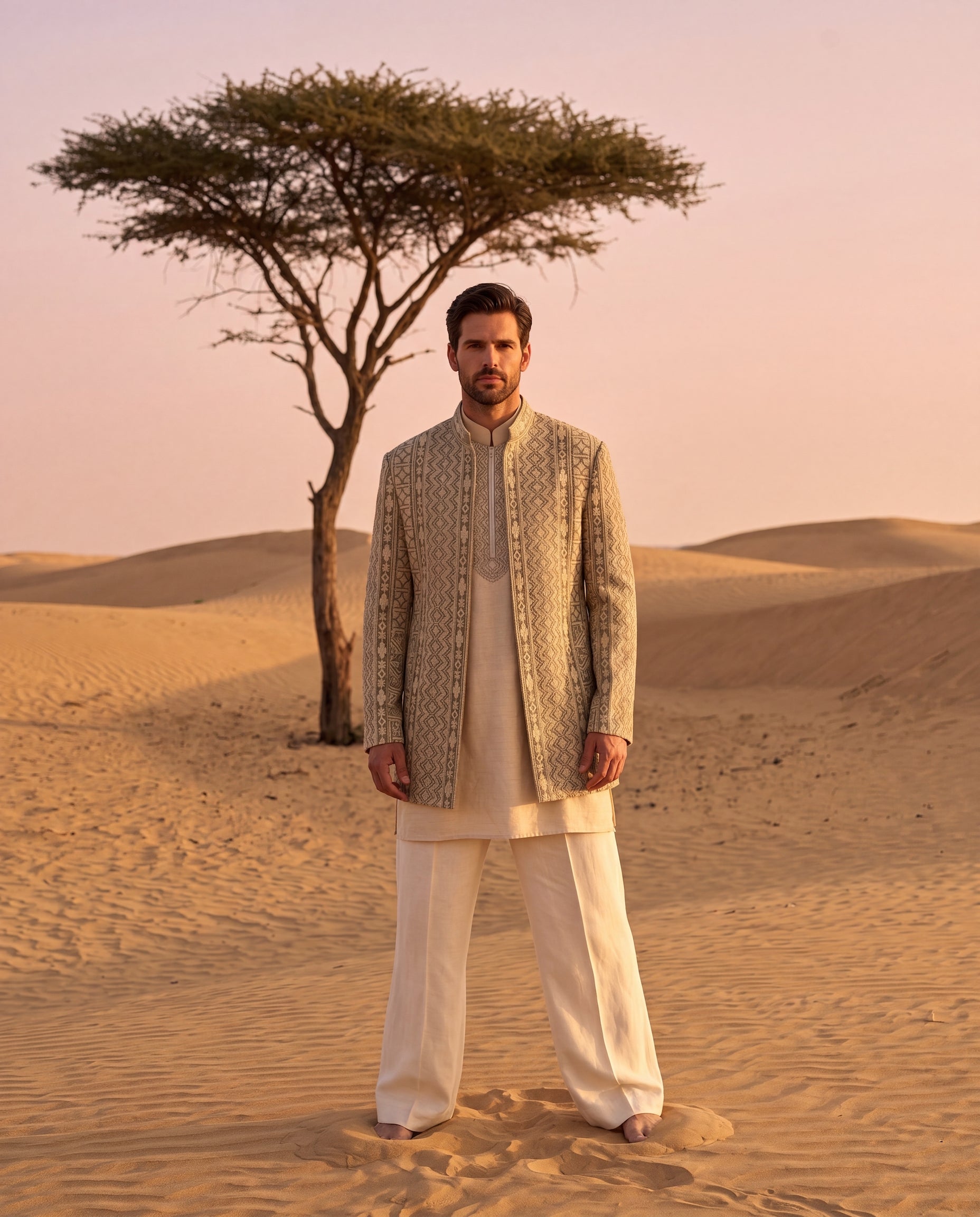 Olive green Textured rayon Indo-Western jacket with beige dori embroidery detailing, paired with a Monga silk kurta with embroidered neckline and cotton silk palazzo.