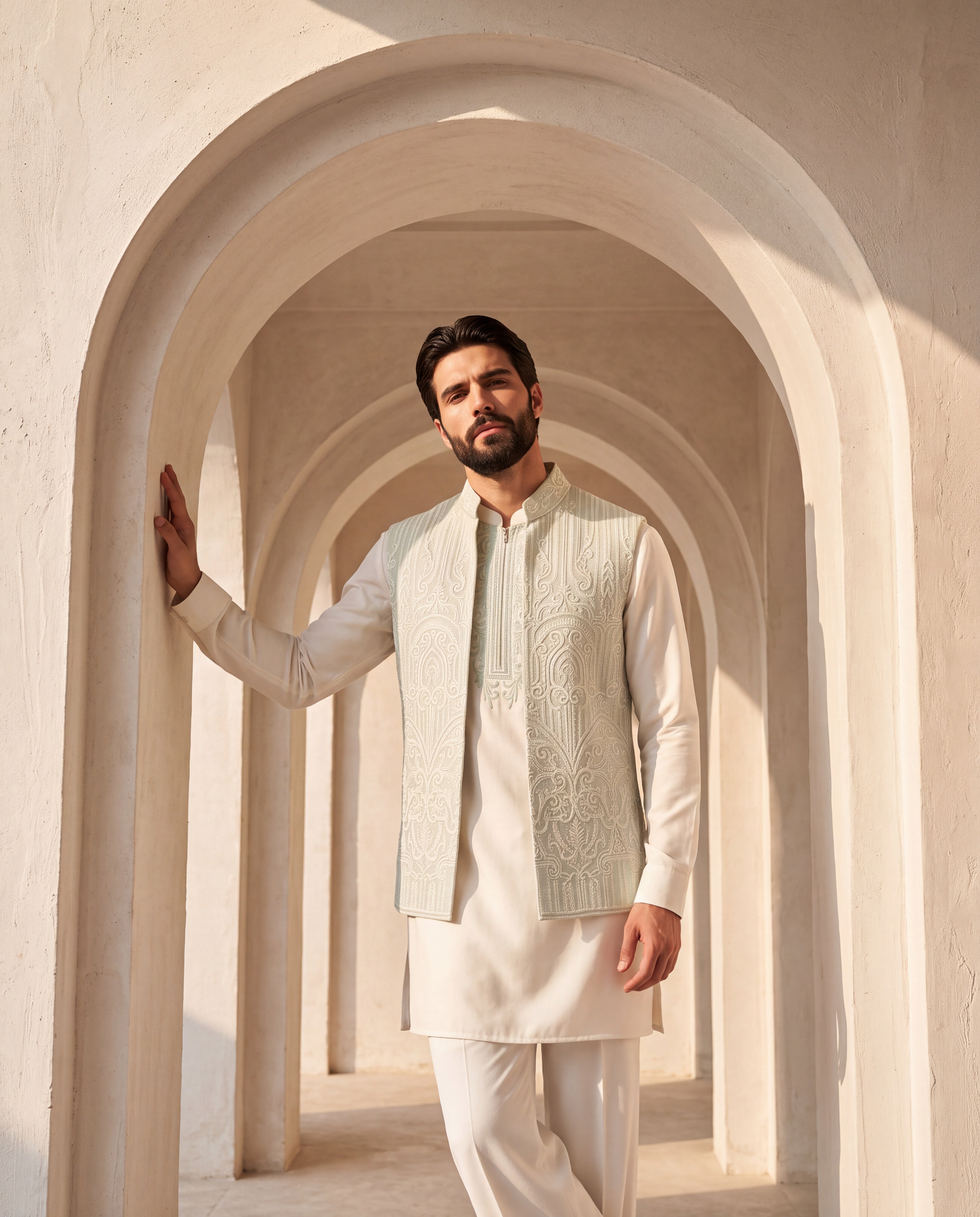 Mint green textured rayon waistcoat with white dori hand embroidery detailing, paired with a ivory knit kurta with embroidery detailing on the neck-line and matching plazzo pants.