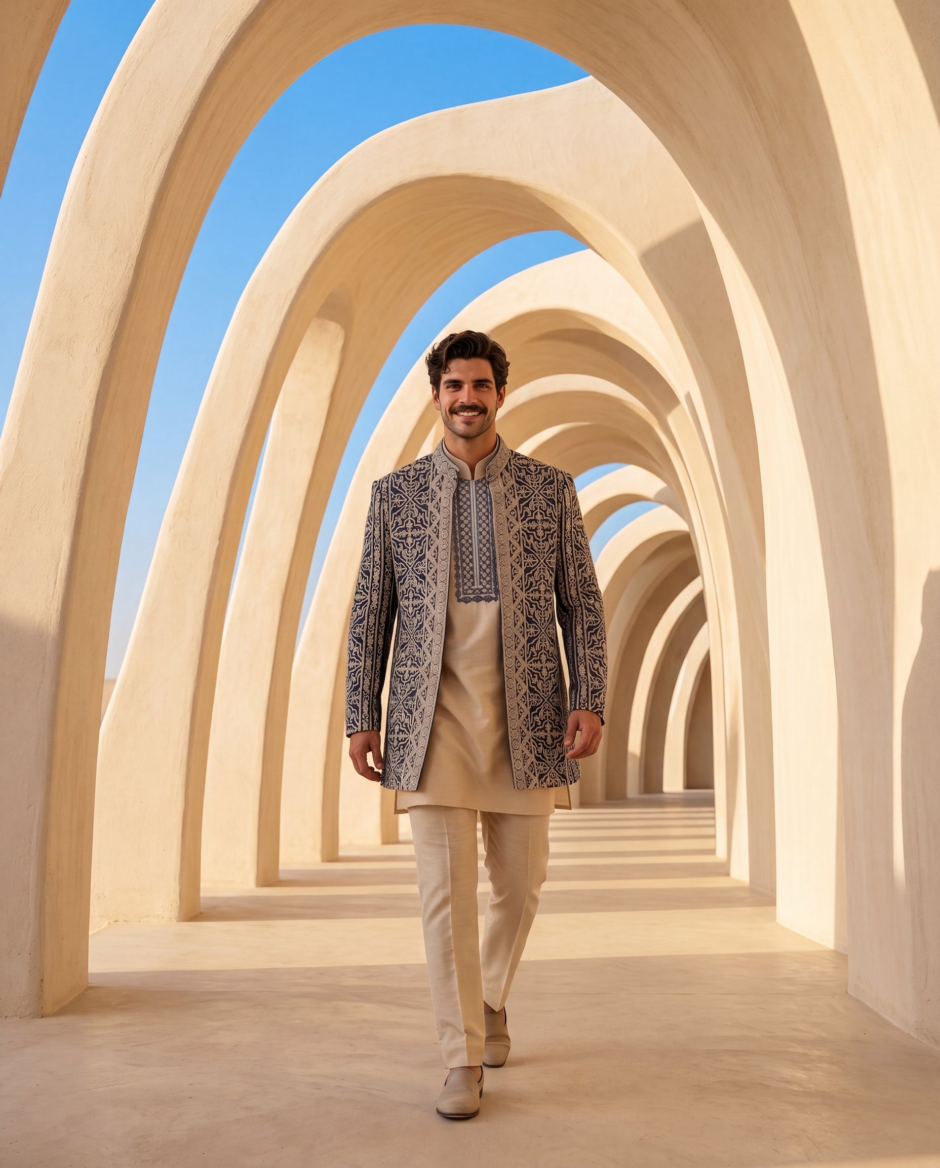 Textured rayon Indo-Western jacket with beige dori embroidery detailing, paired with a Monga silk kurta with embroidered neckline and cotton silk palazzo.