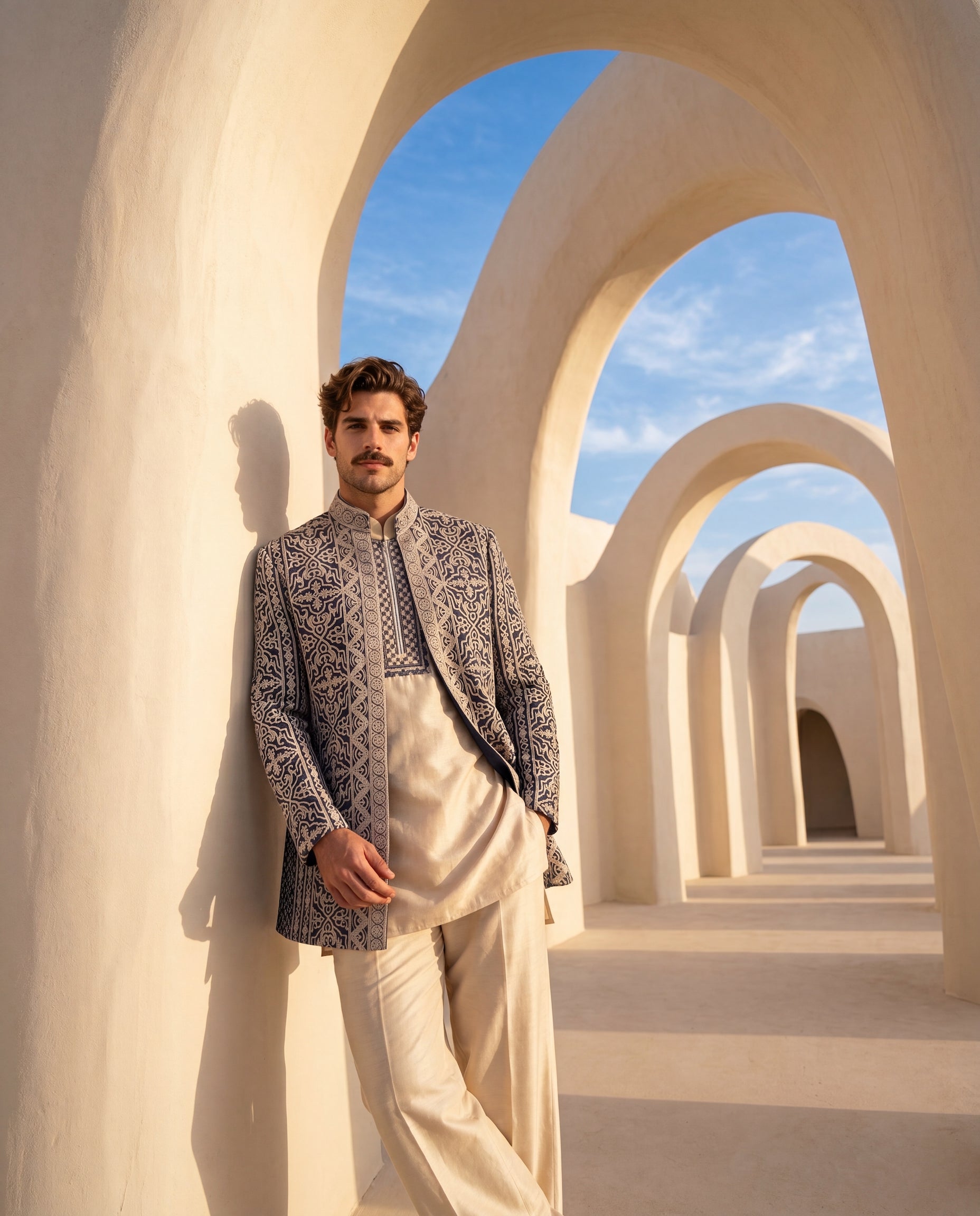 Textured rayon Indo-Western jacket with beige dori embroidery detailing, paired with a Monga silk kurta with embroidered neckline and cotton silk palazzo.