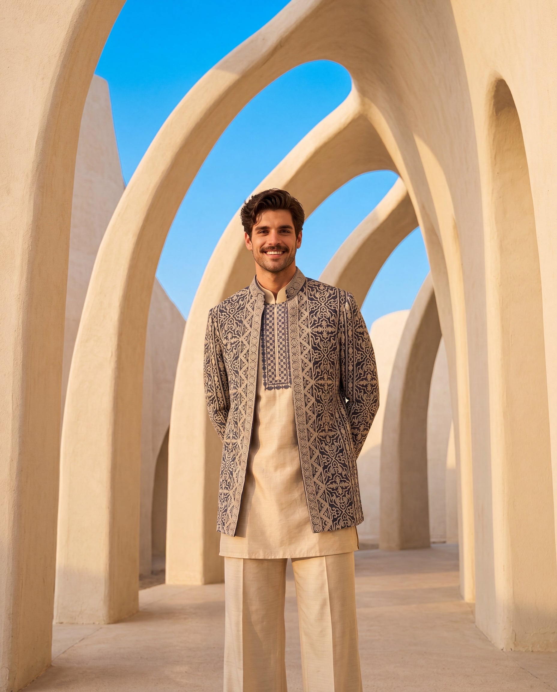Textured rayon Indo-Western jacket with beige dori embroidery detailing, paired with a Monga silk kurta with embroidered neckline and cotton silk palazzo.