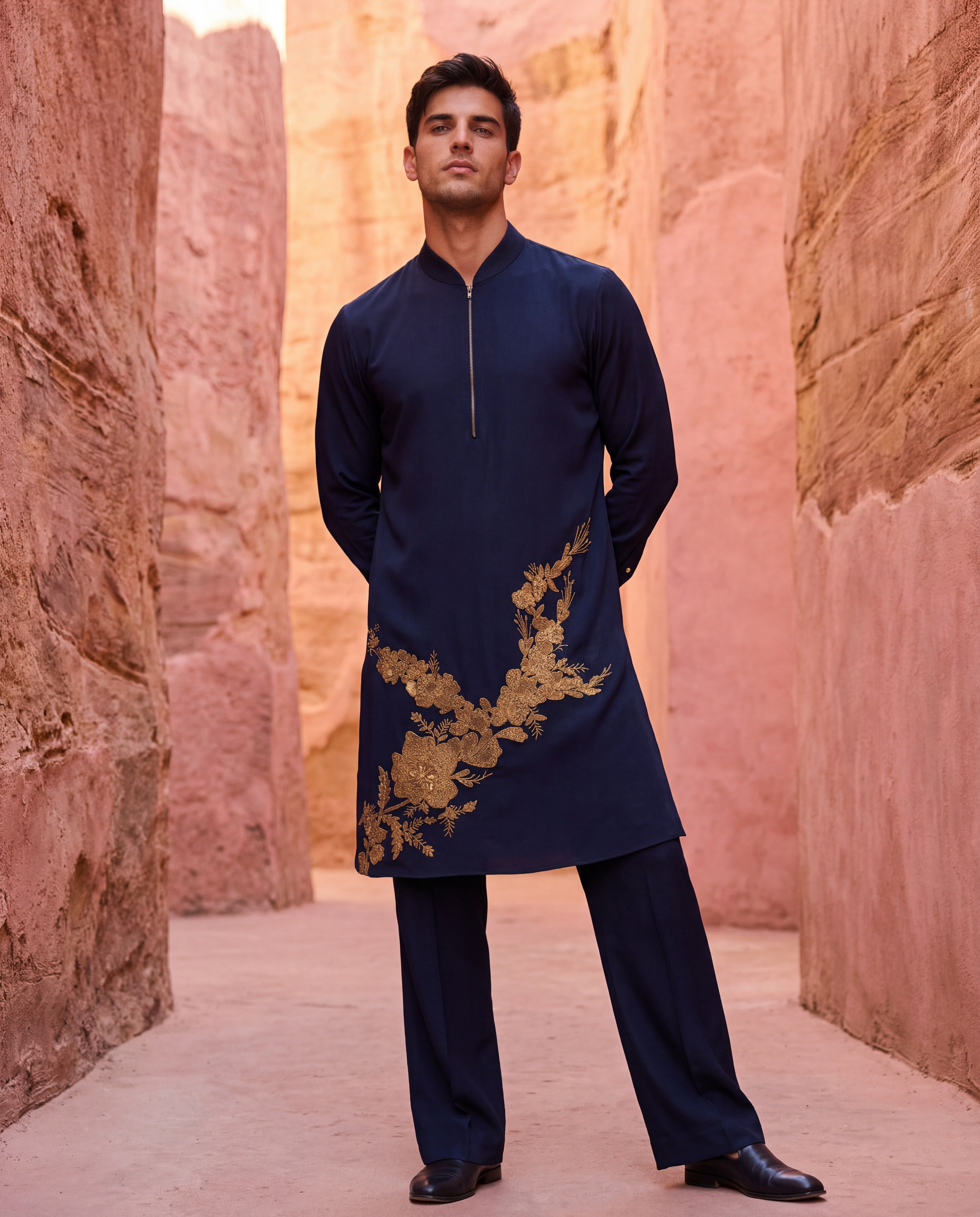 Navy blue knit kurta with gold embroidery detailing, paired with matching knit palazzo.