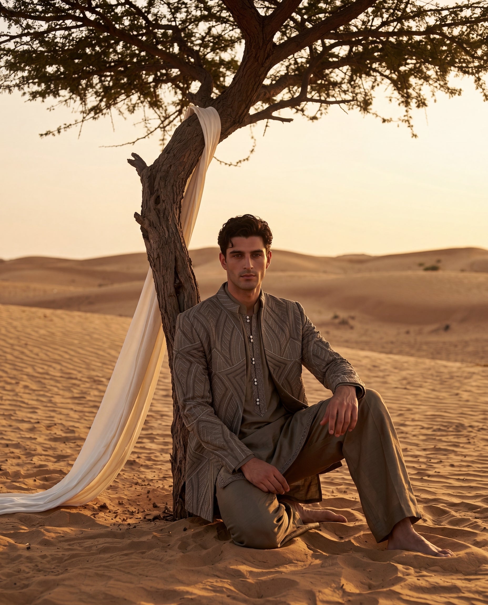 Dark olive green Crochet Indo-Western jacket with tonal embroidery detailing, paired with a Monga silk kurta and knit pants.