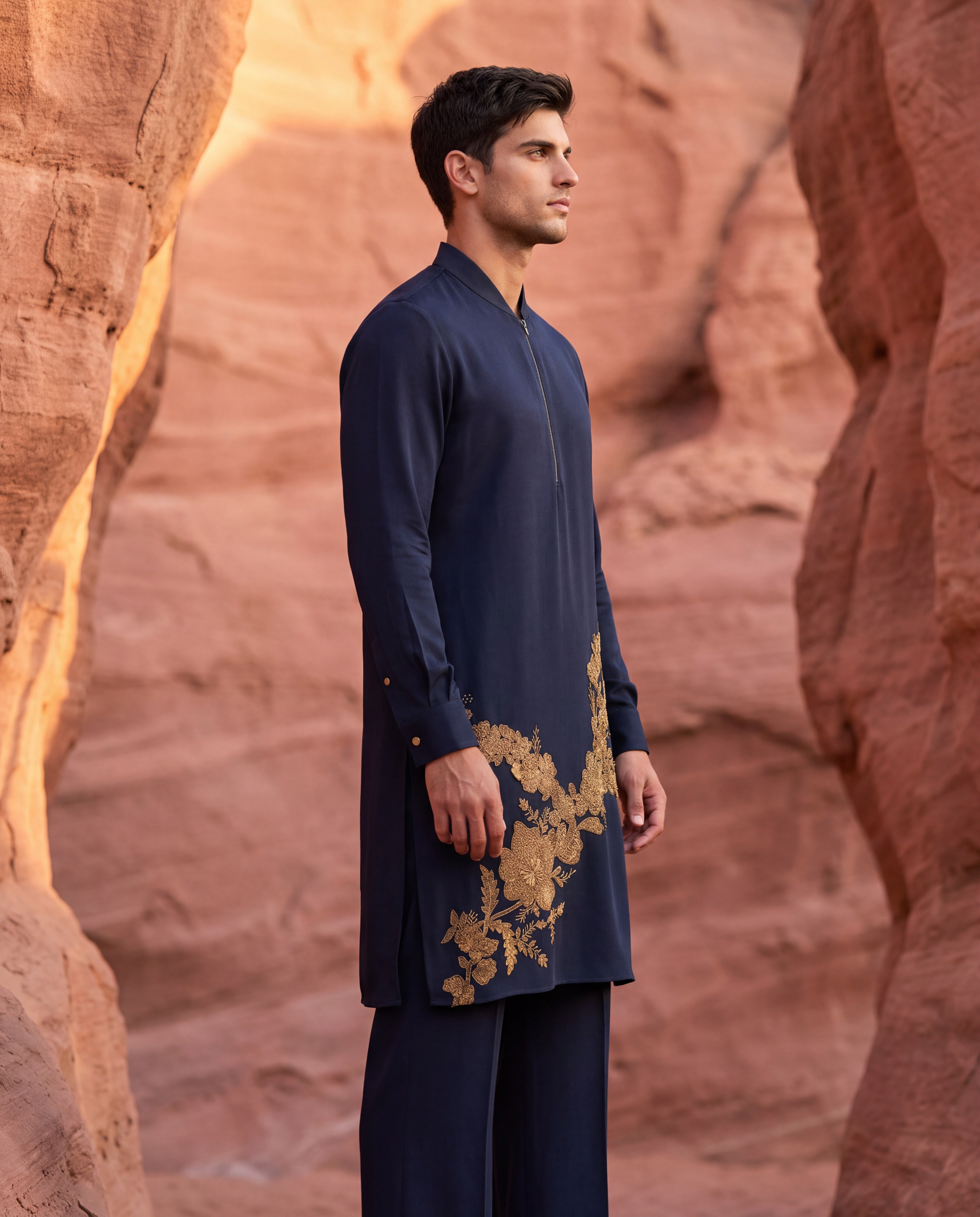 Navy blue knit kurta with gold embroidery detailing, paired with matching knit palazzo.