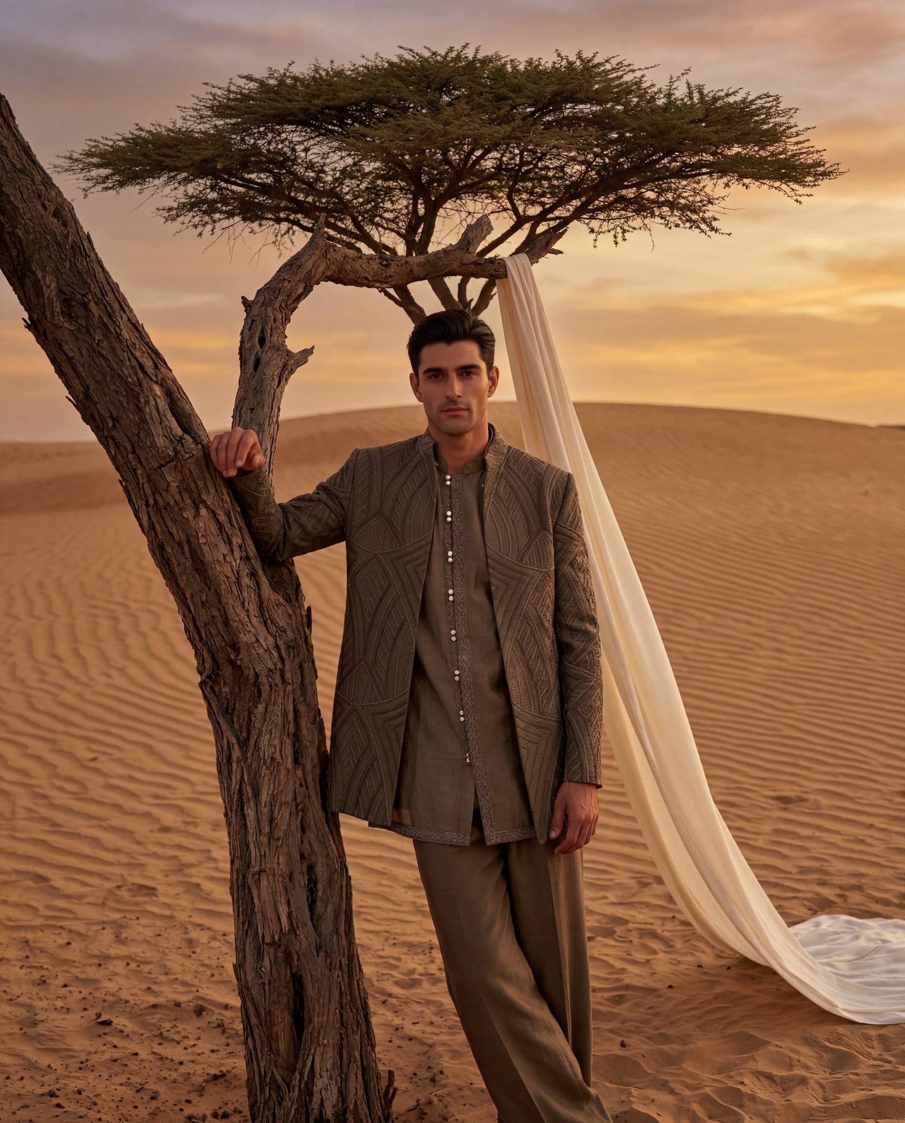 Dark olive green Crochet Indo-Western jacket with tonal embroidery detailing, paired with a Monga silk kurta and knit pants.