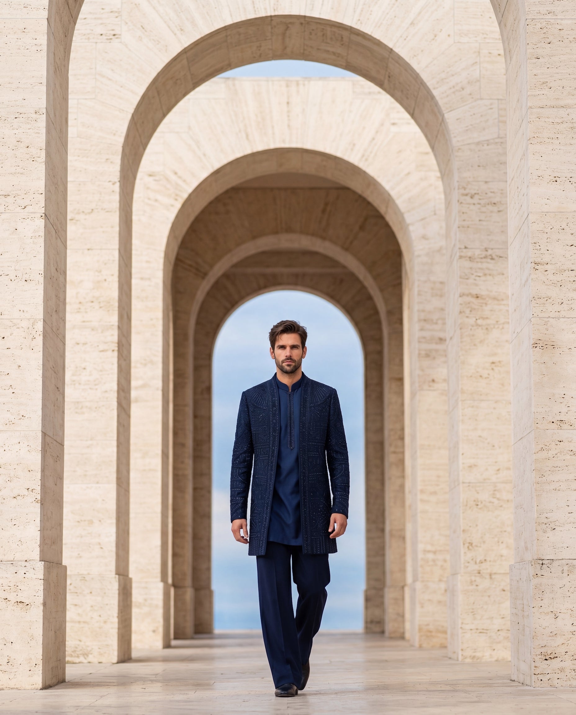 Navy blue Textured knit Indo-Western jacket with monotone embroidery detailing, paired with a cotton modal kurta and matching knit pants.