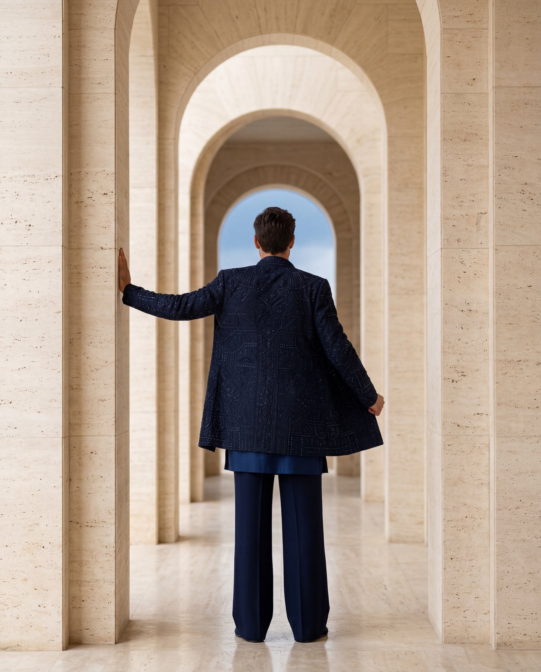 Navy blue Textured knit Indo-Western jacket with monotone embroidery detailing, paired with a cotton modal kurta and matching knit pants.