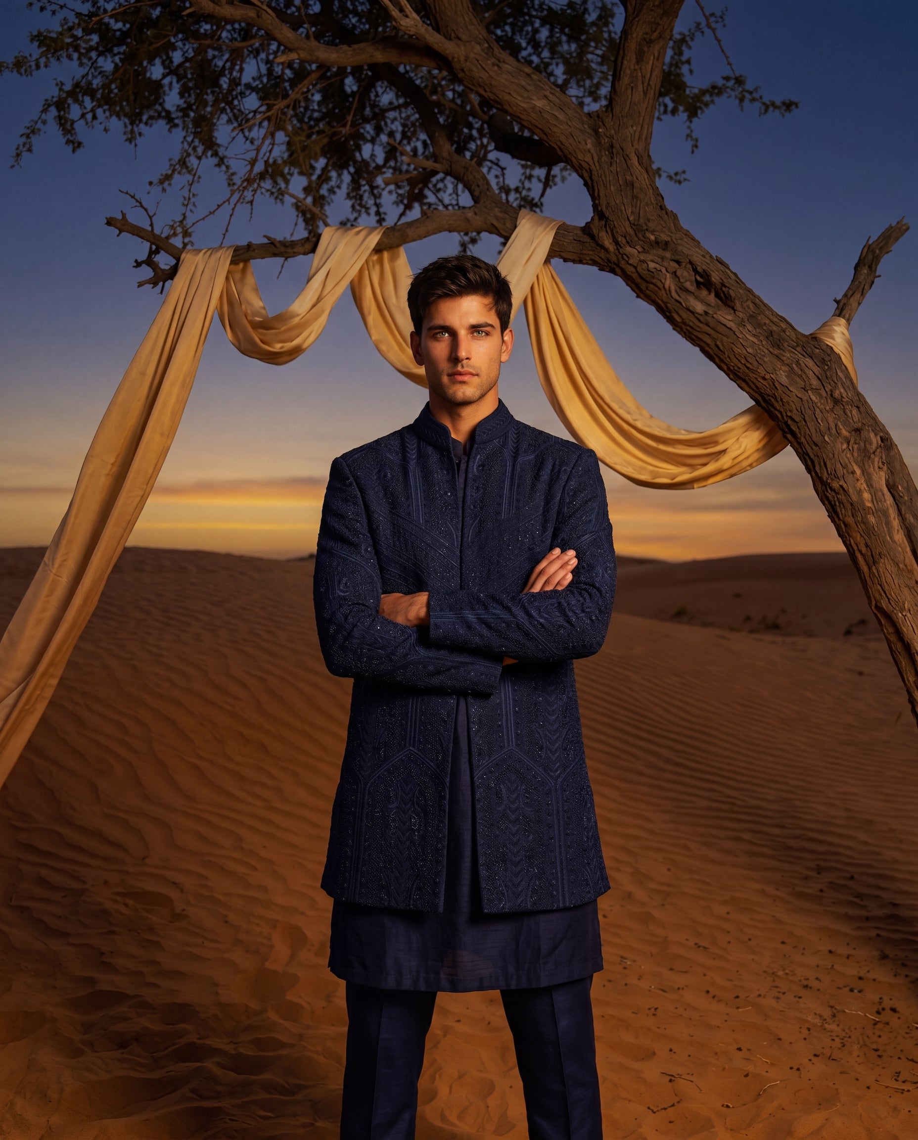 Navy blue Textured knit Indo-Western jacket with monotone embroidery detailing, paired with a cotton modal kurta and matching knit pants.