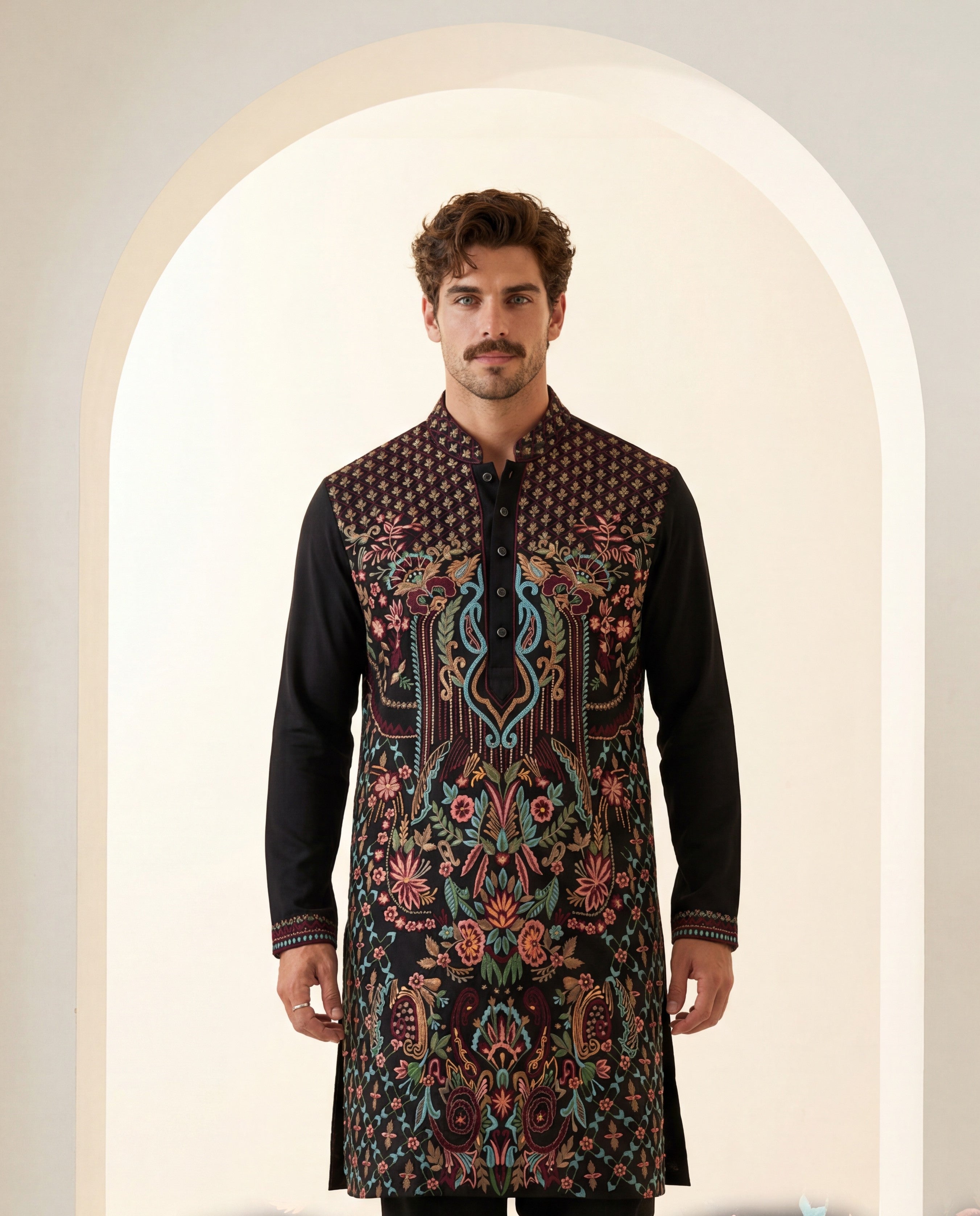 Black knit kurta with intricate multi-coloured embroidered detailing, paired with matching knit palazzo.