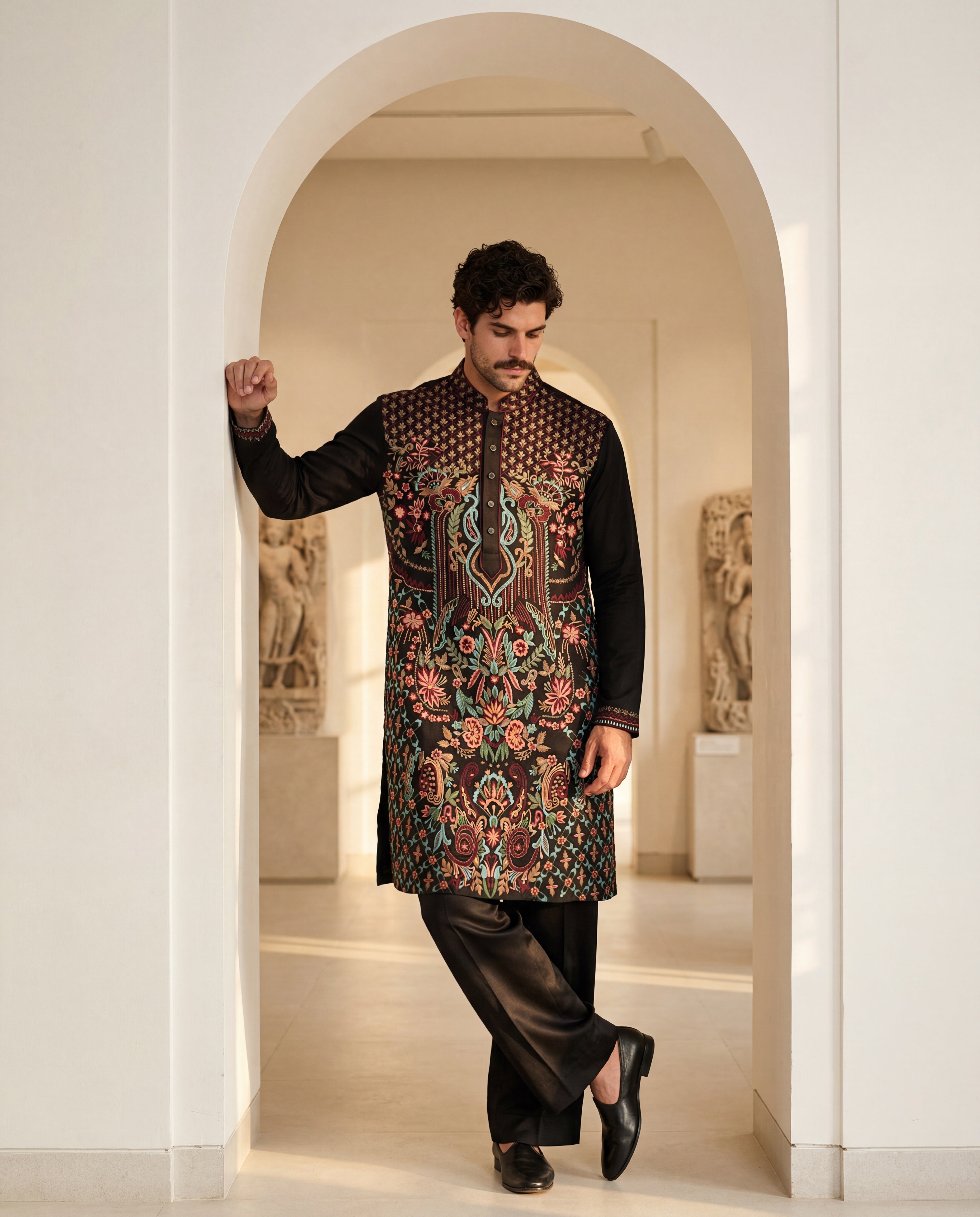 Black knit kurta with intricate multi-coloured embroidered detailing, paired with matching knit palazzo.