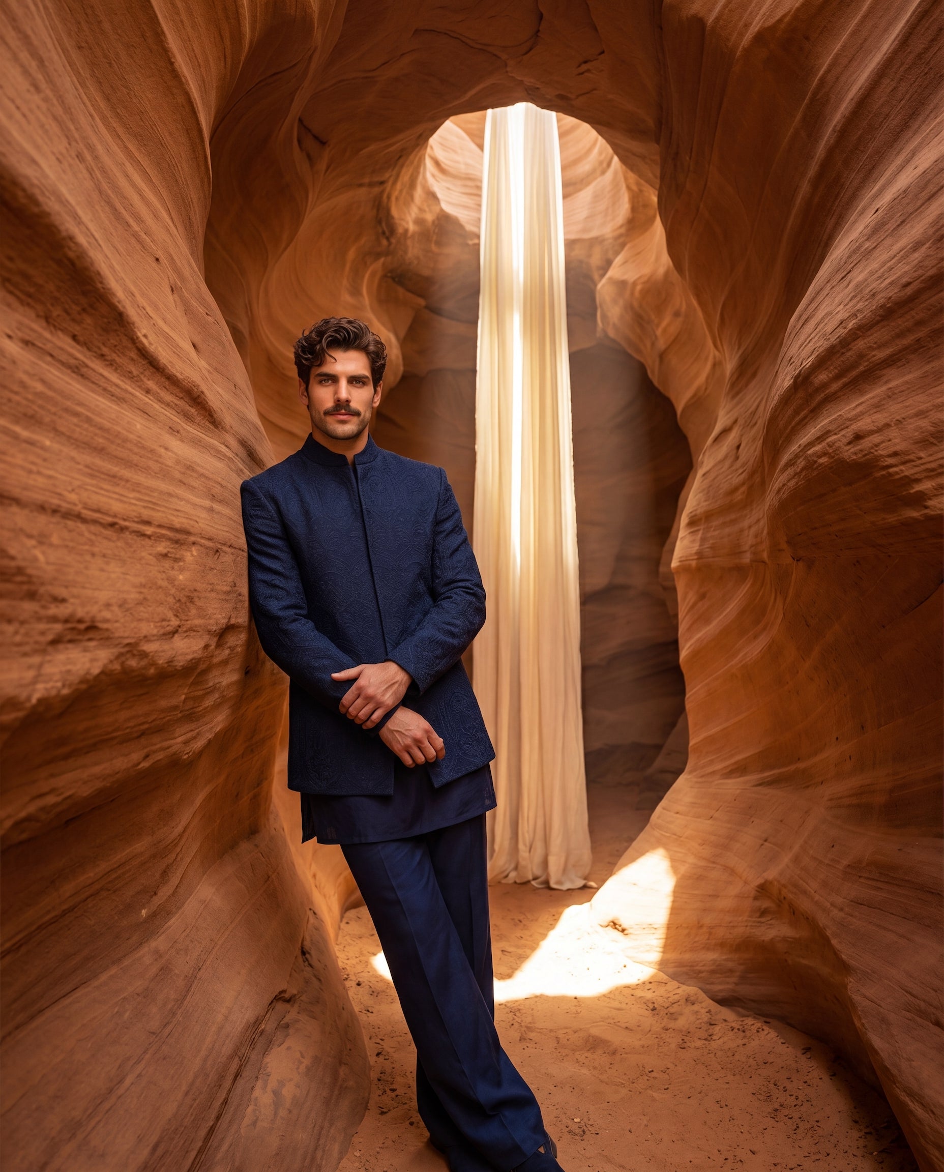 Navy blue Matka silk Indo-Western jacket with monotone embroidery detailing, paired with a matching Matka silk kurta and knit pants.
