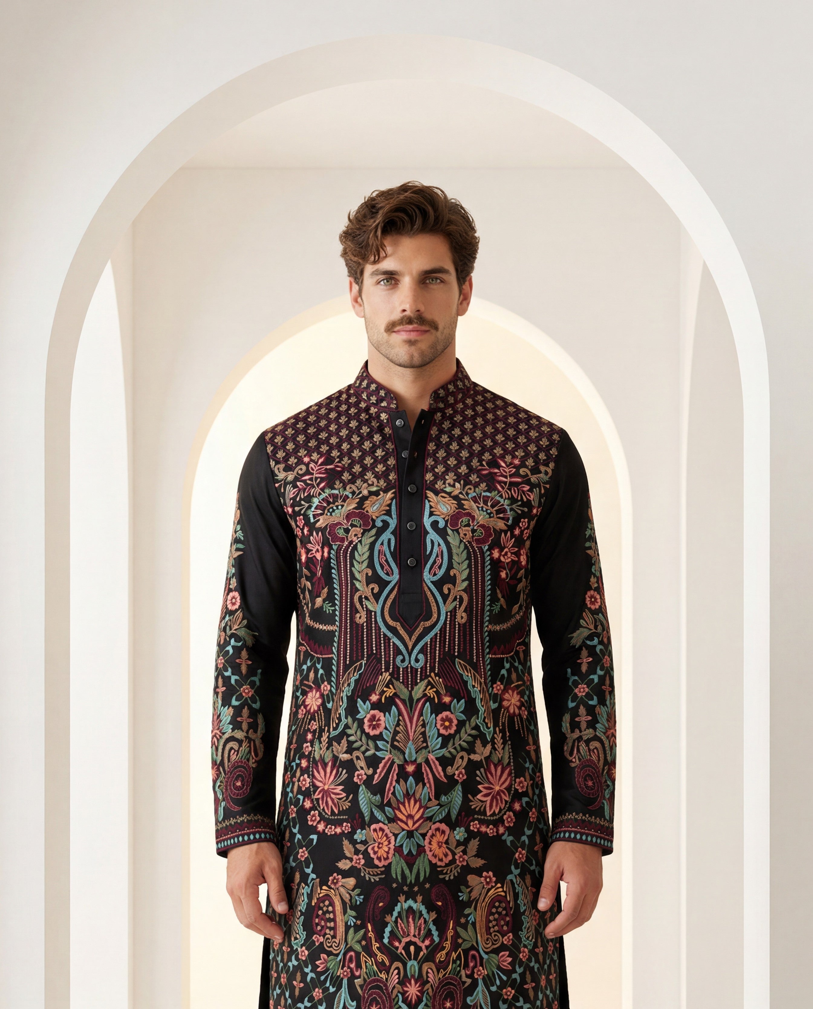 Black knit kurta with intricate multi-coloured embroidered detailing, paired with matching knit palazzo.