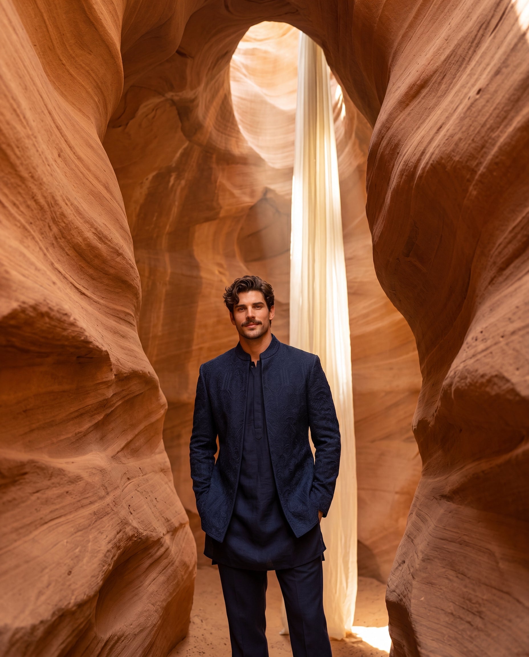 Navy blue Matka silk Indo-Western jacket with monotone embroidery detailing, paired with a matching Matka silk kurta and knit pants.