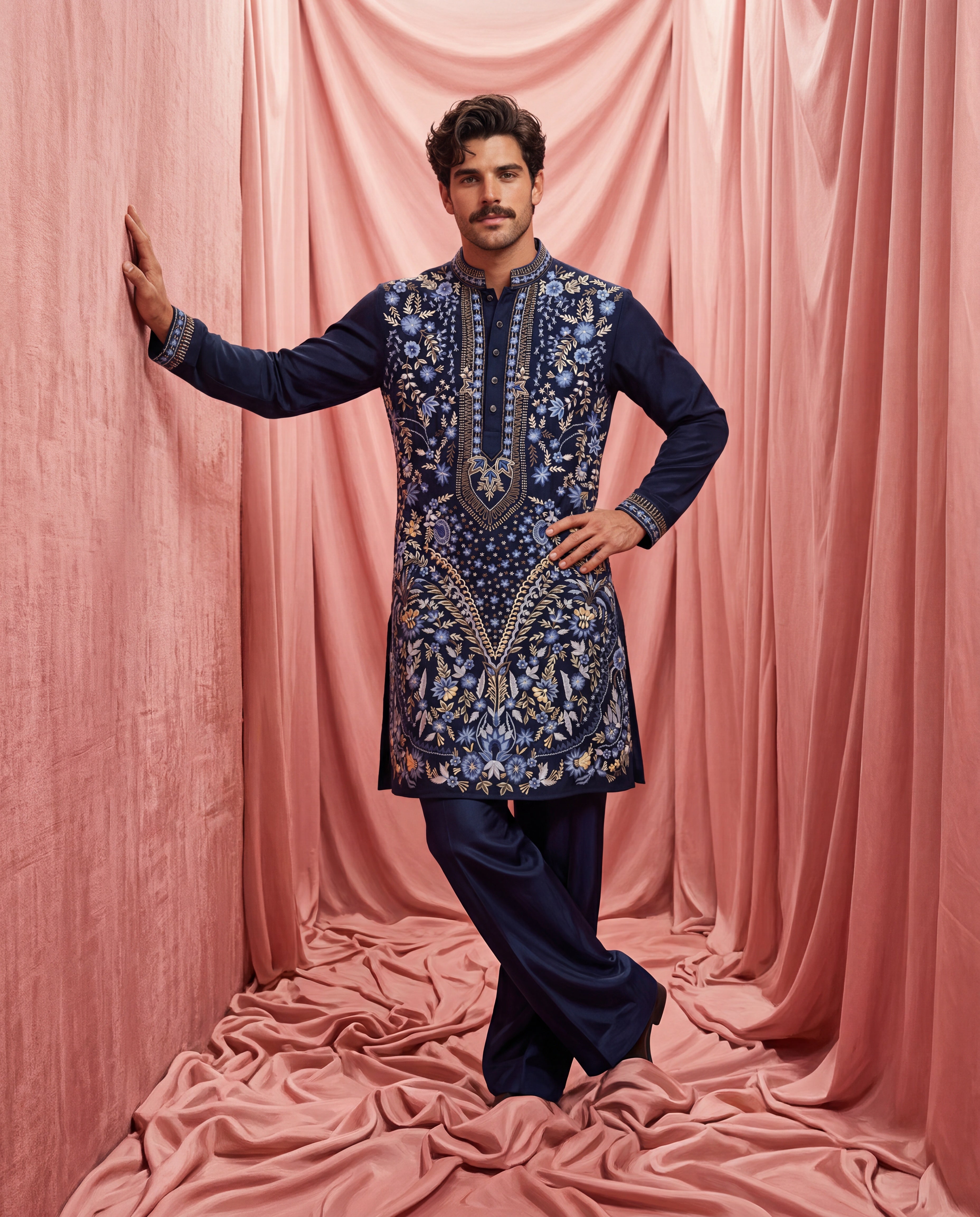 Navy blue knit kurta with intricate multi-coloured embroidered detailing, paired with matching knit palazzo.