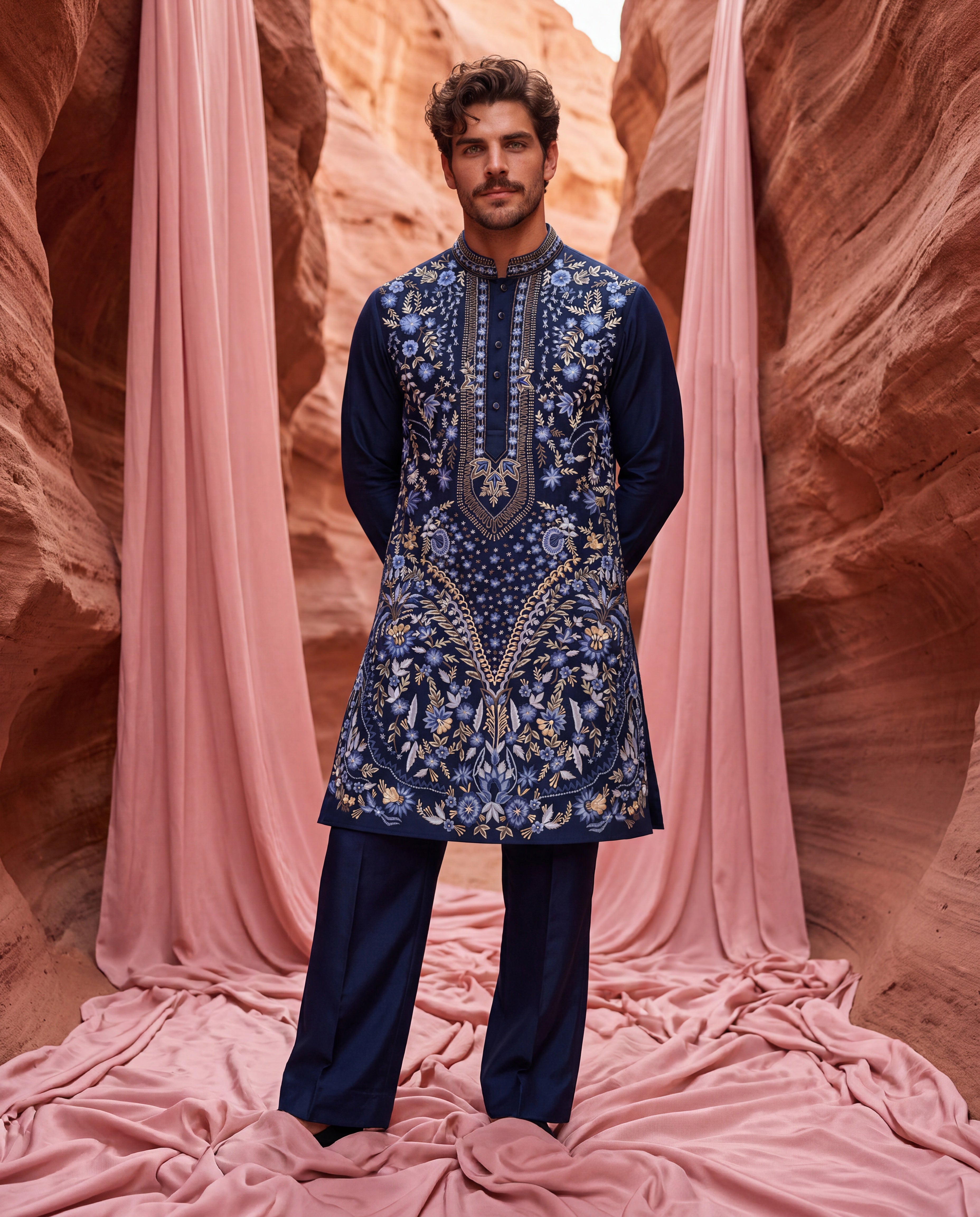 Navy blue knit kurta with intricate multi-coloured embroidered detailing, paired with matching knit palazzo.
