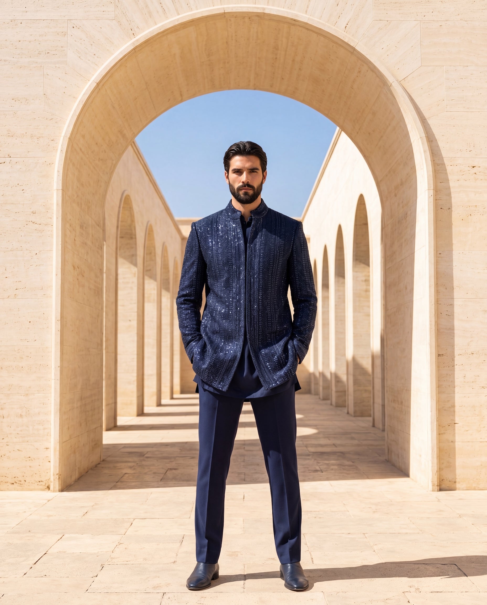 Crochet Indo-Western jacket with tonal embroidery detailing, paired with a knit kurta and matching palazzo.
