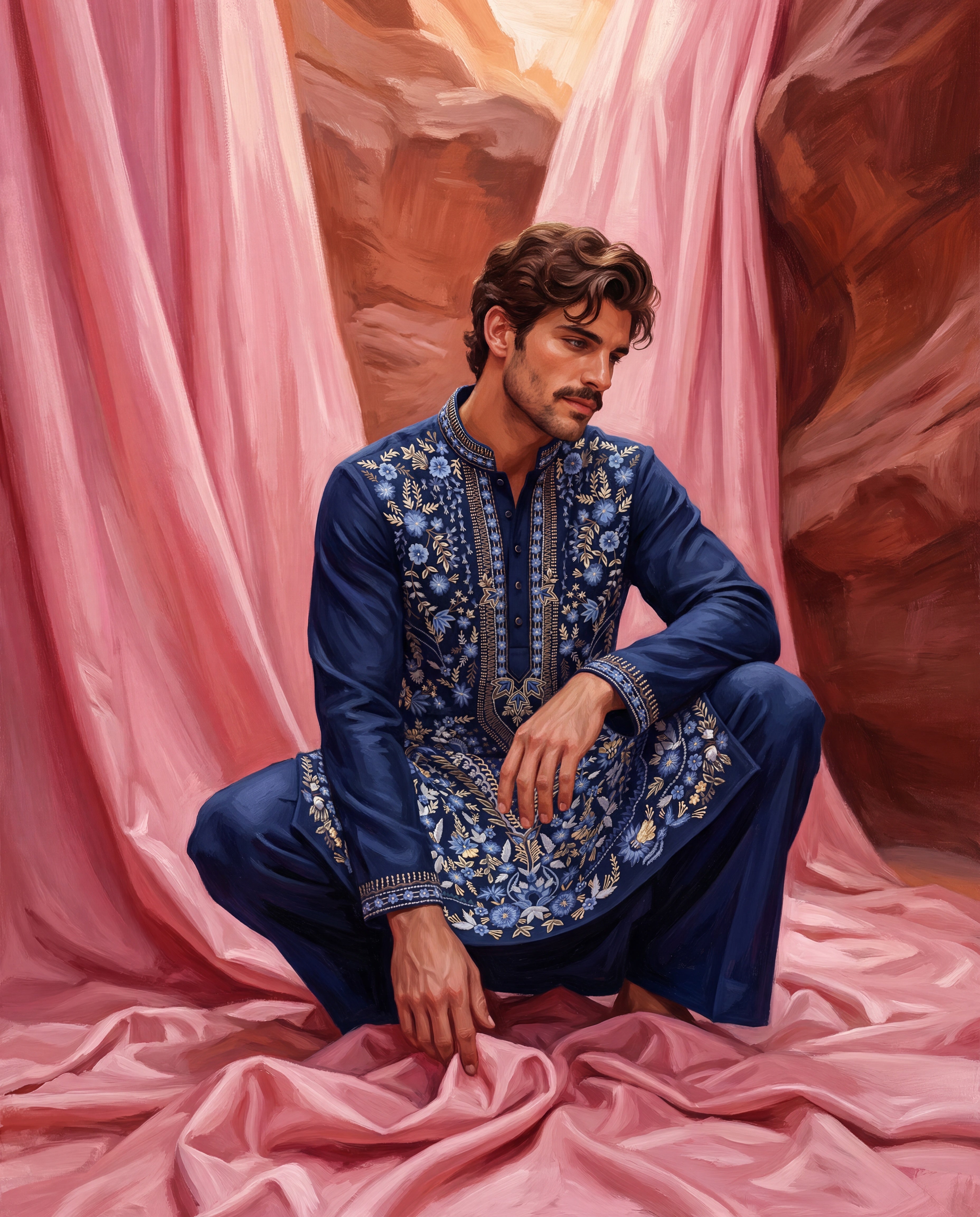 Navy blue knit kurta with intricate multi-coloured embroidered detailing, paired with matching knit palazzo.