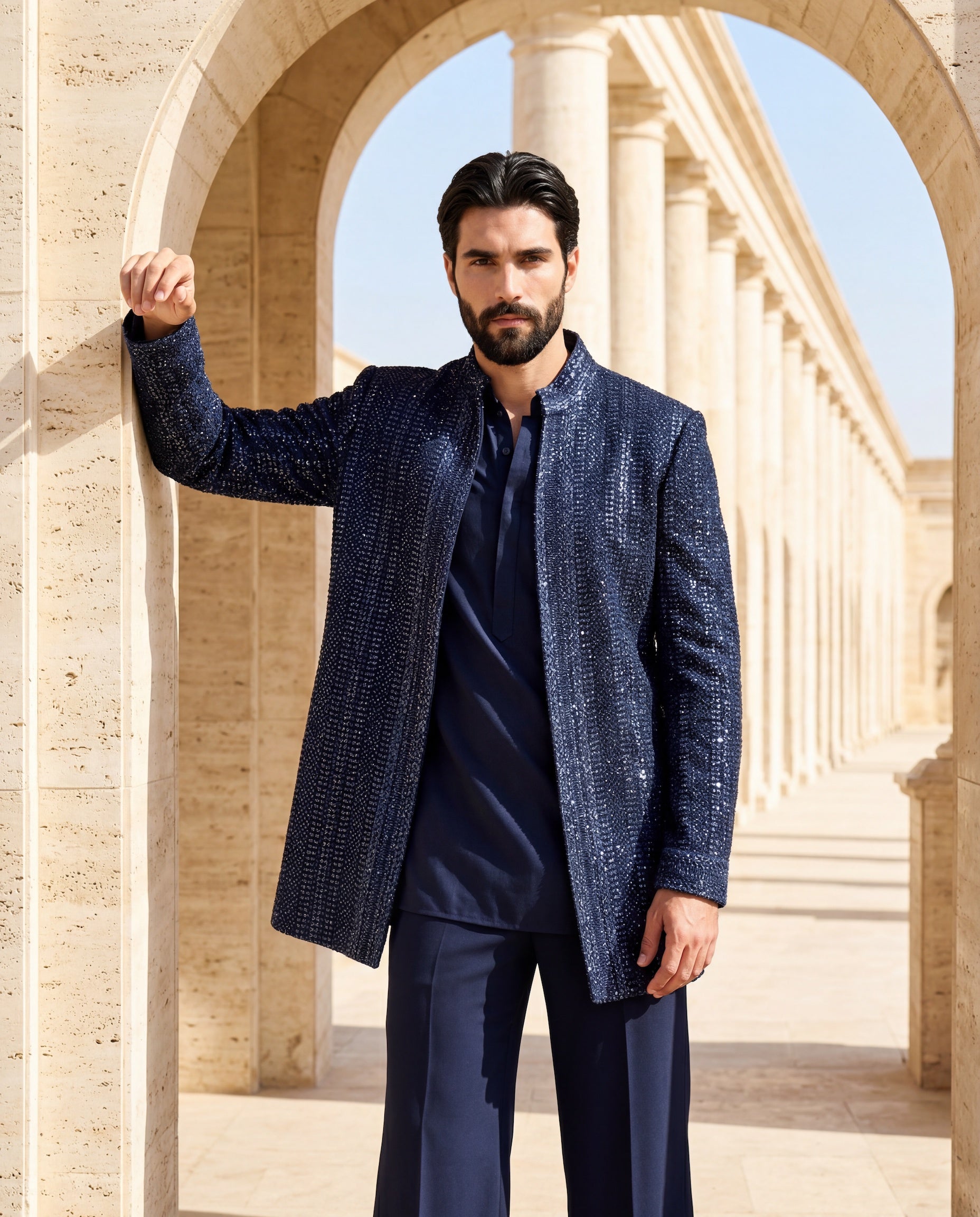 Crochet Indo-Western jacket with tonal embroidery detailing, paired with a knit kurta and matching palazzo.