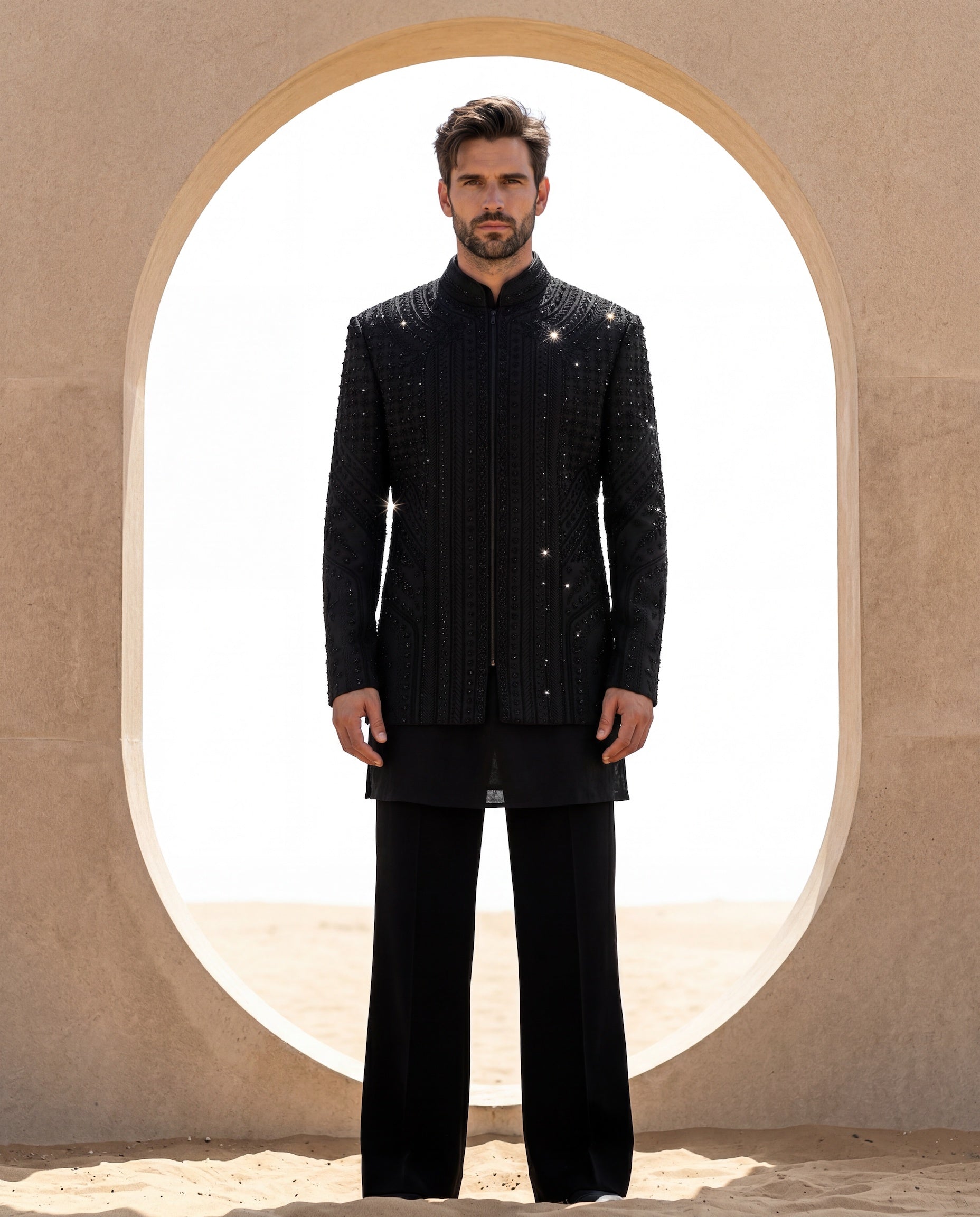 Black embroidered twill knit Indo-Western jacket with intricate detailing, paired with a Banarasi silk kurta and matching pants.