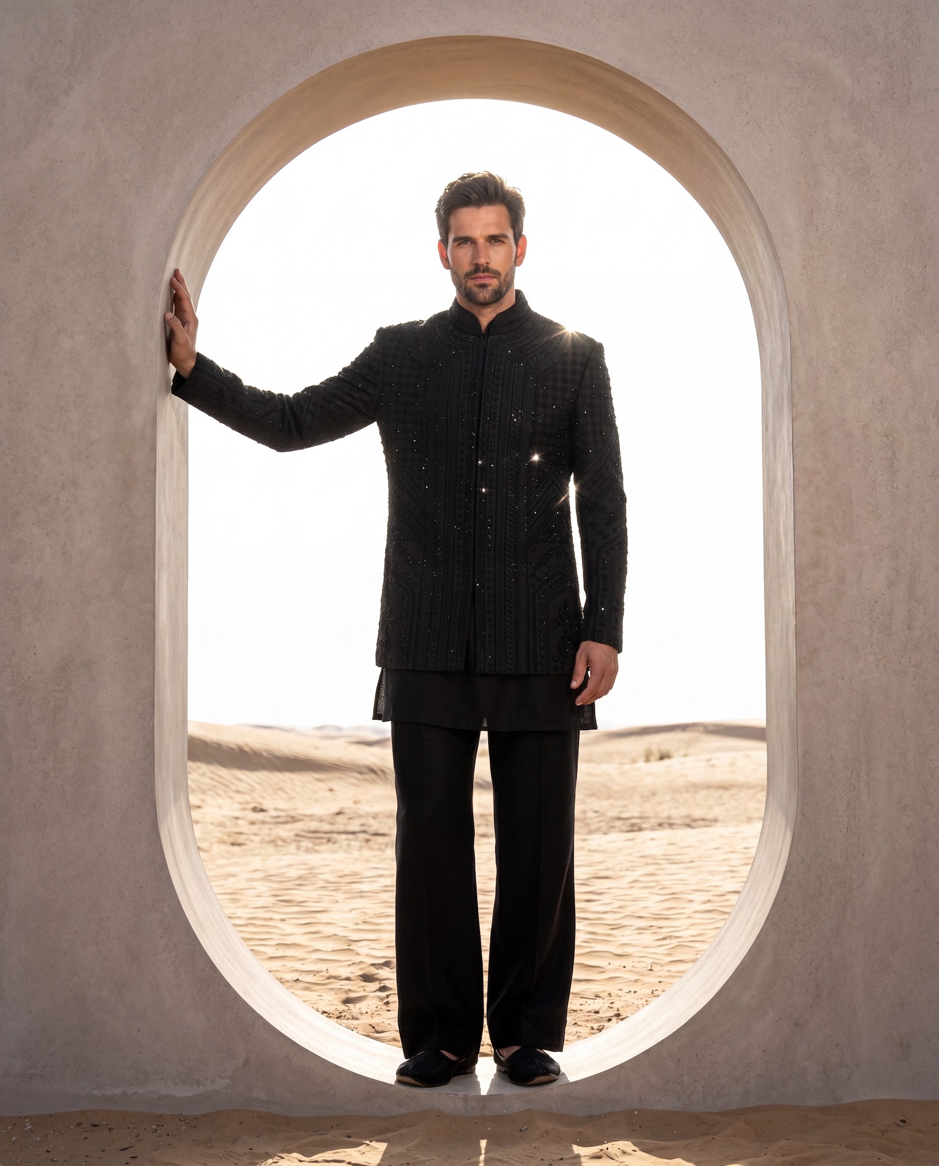 Black embroidered twill knit Indo-Western jacket with intricate detailing, paired with a Banarasi silk kurta and matching pants.