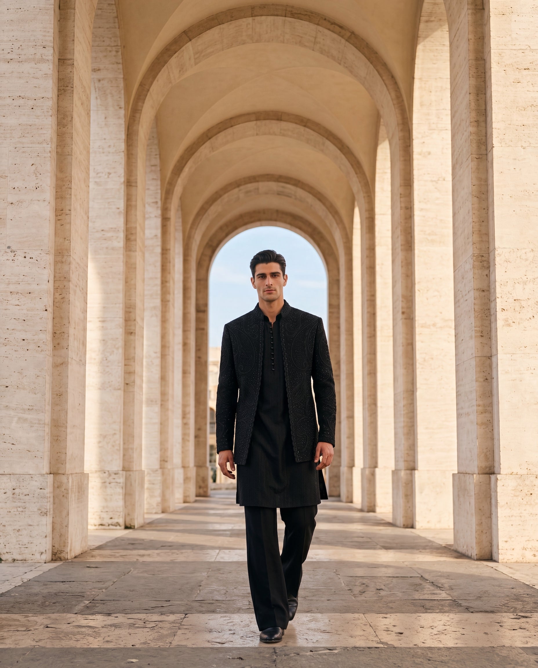 Black textured knit Indo-Western jacket with monotone embroidery, paired with a Banarasi silk kurta and knit palazzo.