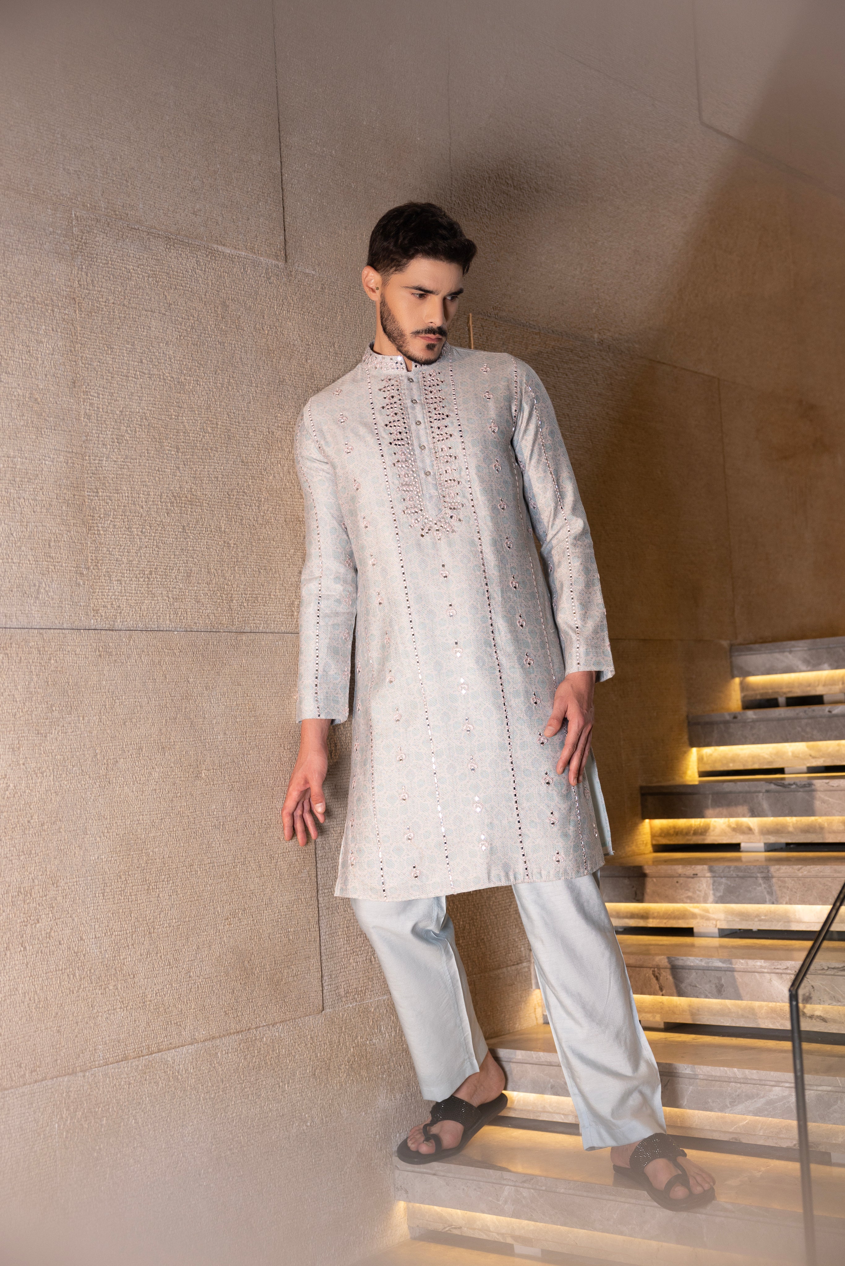 Sky Blue & Pink floral digital print kurta accentuated with mirror work paired with a plain aligadhi.