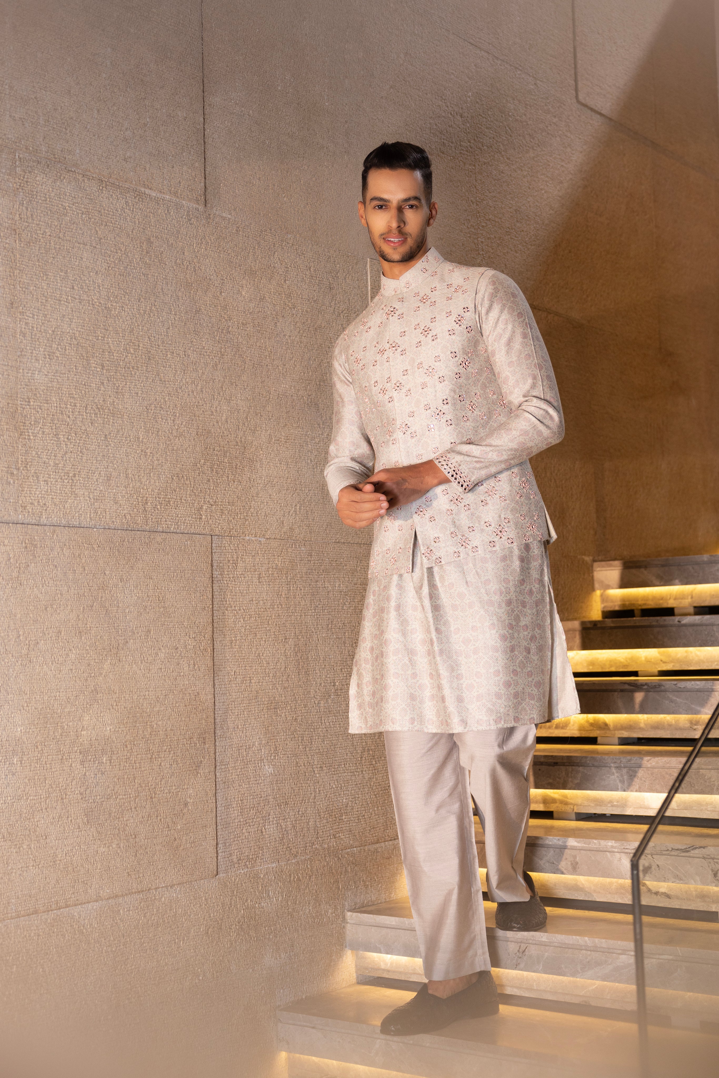 Banarasi Silk Mint Green & Pink floral digital print waistcoat accentuated with mirror work paired with a matching digital print kurta & plain aligadhi.