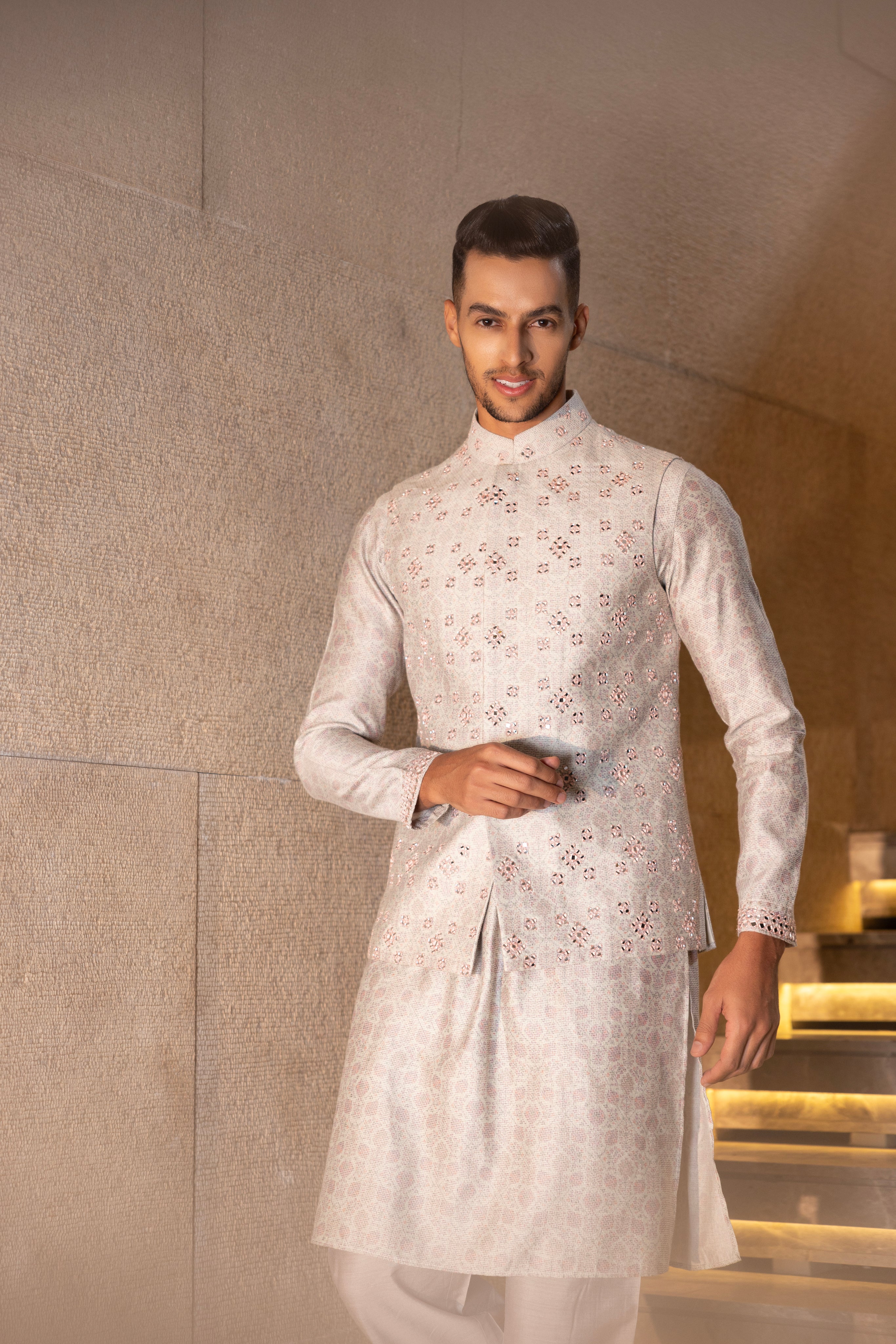 Banarasi Silk Mint Green & Pink floral digital print waistcoat accentuated with mirror work paired with a matching digital print kurta & plain aligadhi.