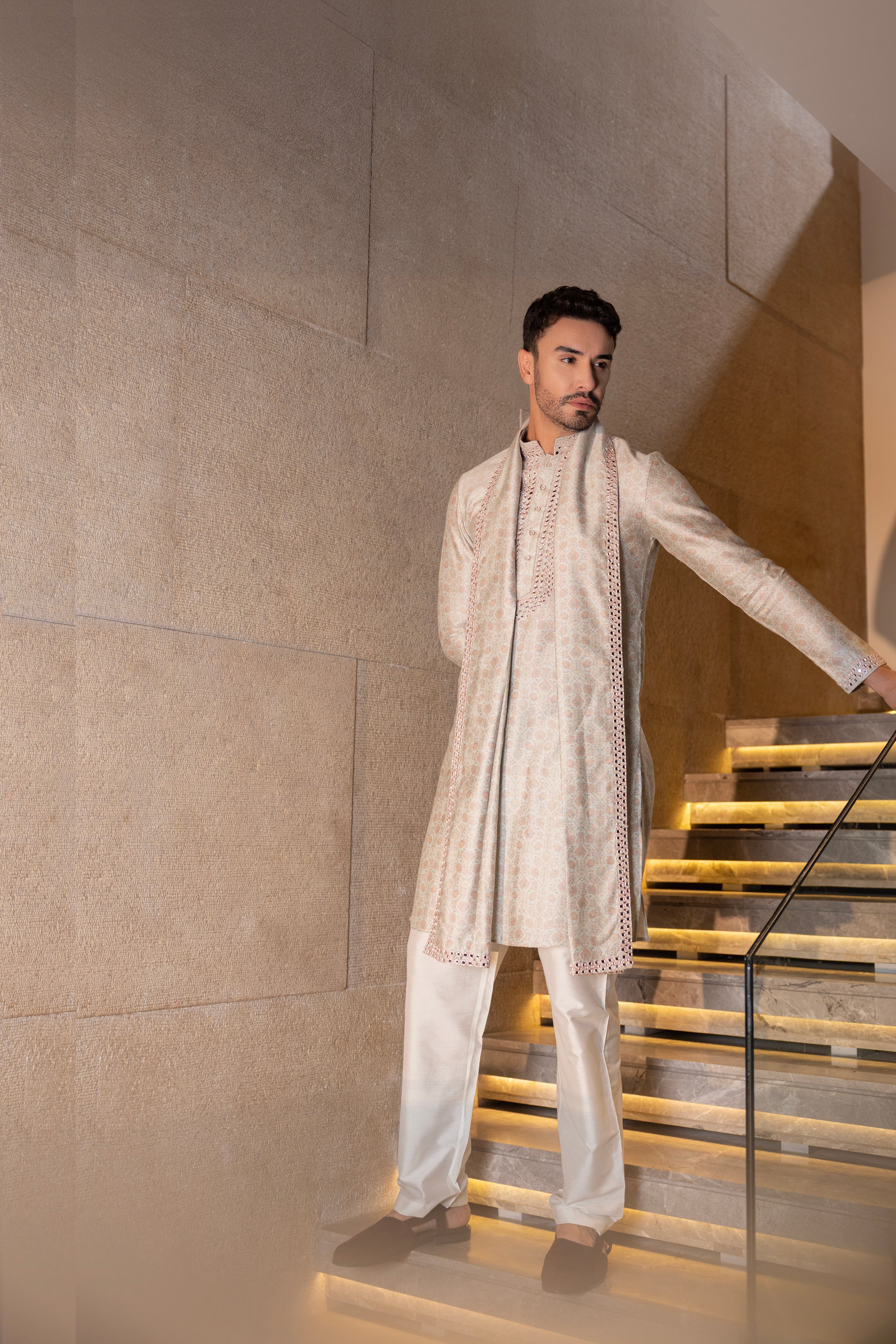 Mint Green & Peach floral digital print kurta accentuated with mirror work paired with an embroidered stole & plain aligadhi.