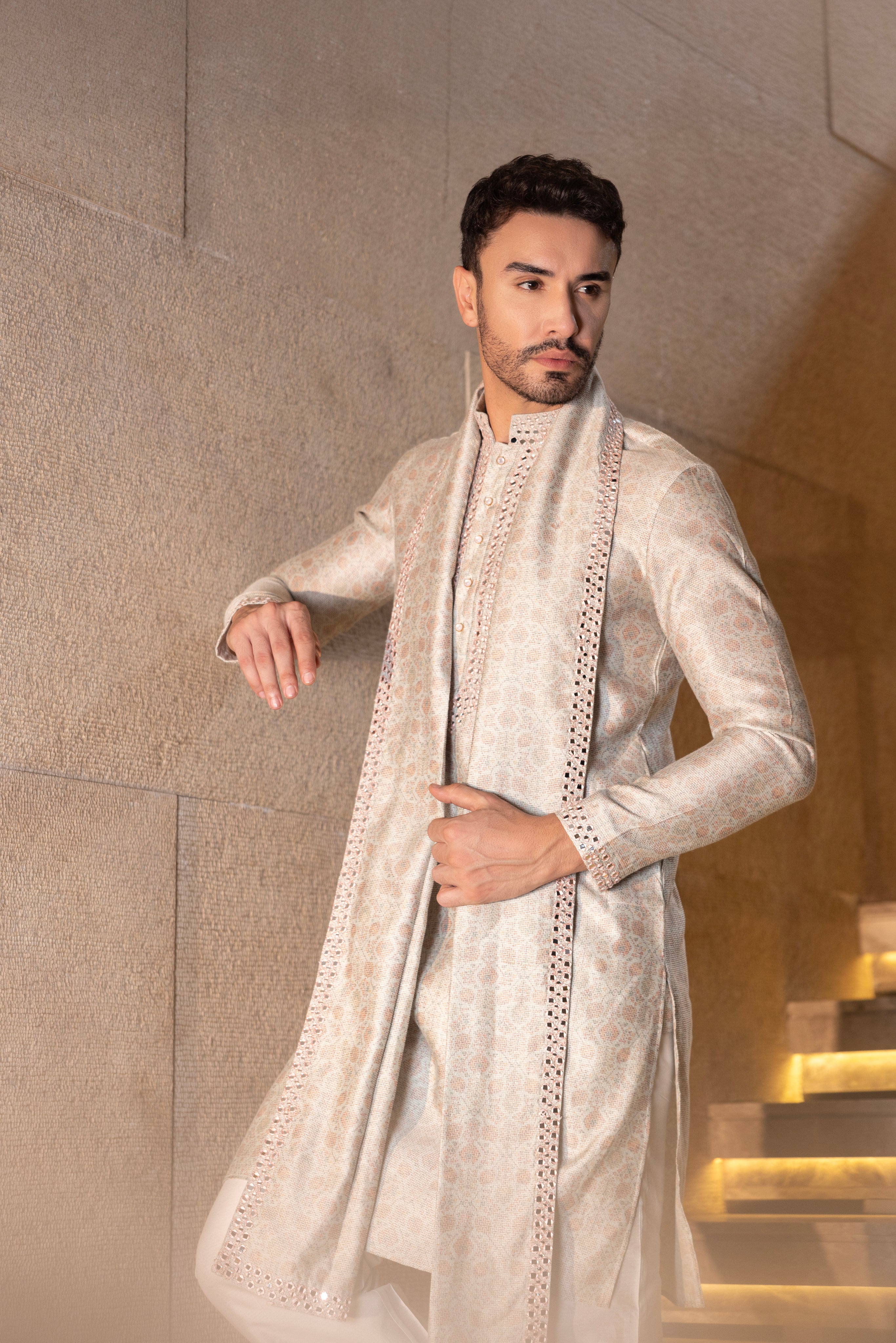 Mint Green & Peach floral digital print kurta accentuated with mirror work paired with an embroidered stole & plain aligadhi.