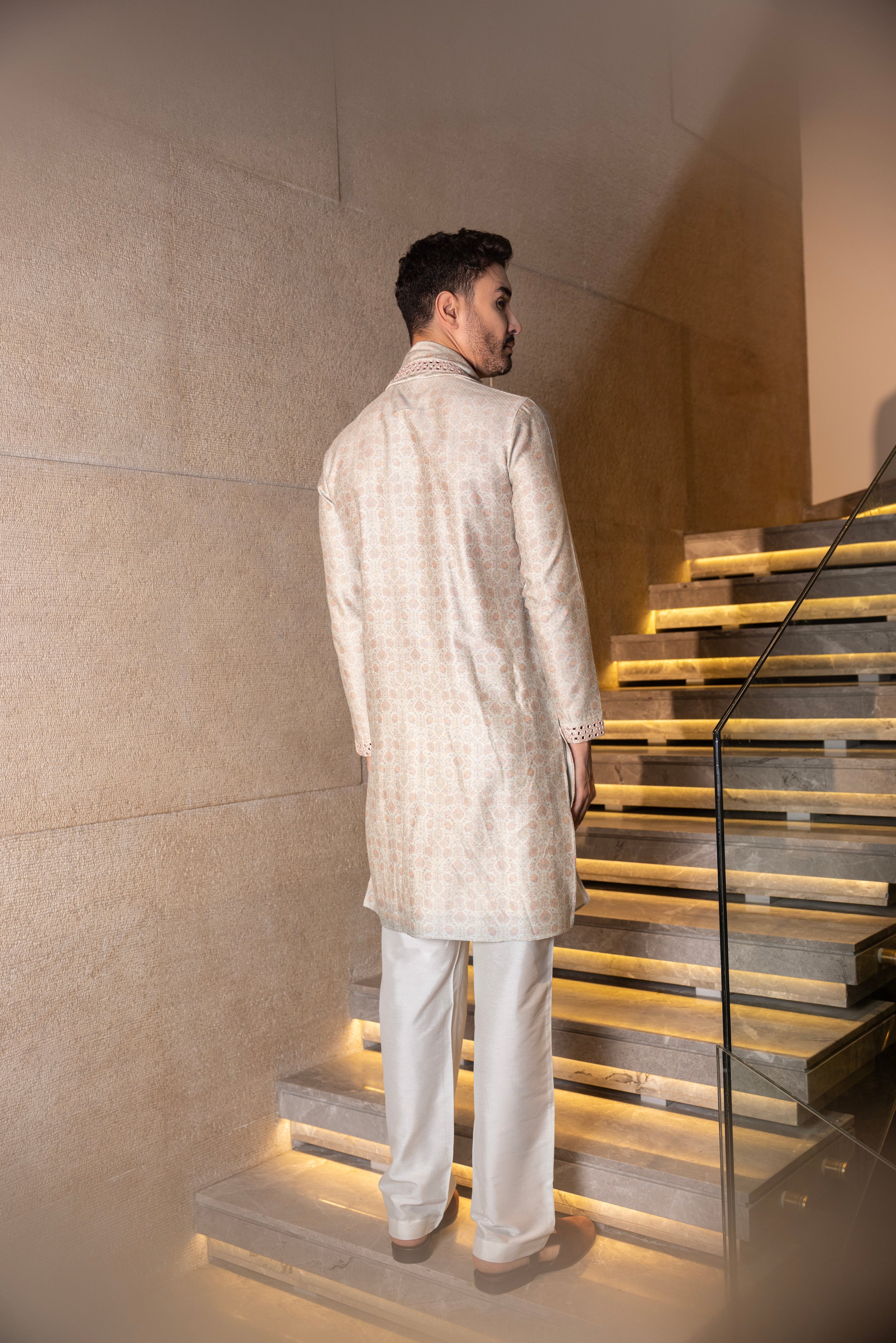 Mint Green & Peach floral digital print kurta accentuated with mirror work paired with an embroidered stole & plain aligadhi.