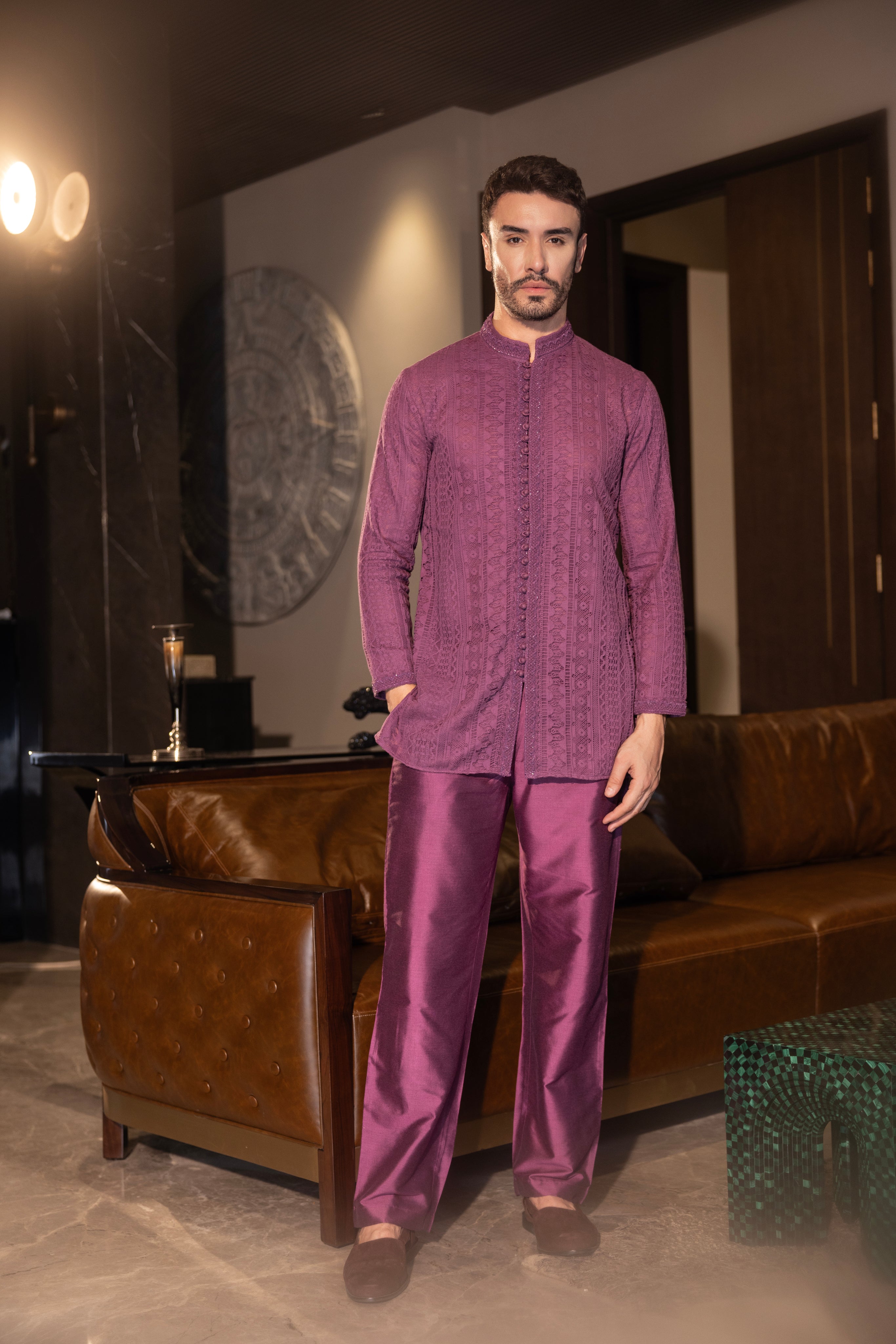 Hand-embroidered wine crochet short kurta paired with a matching aligadhi set.