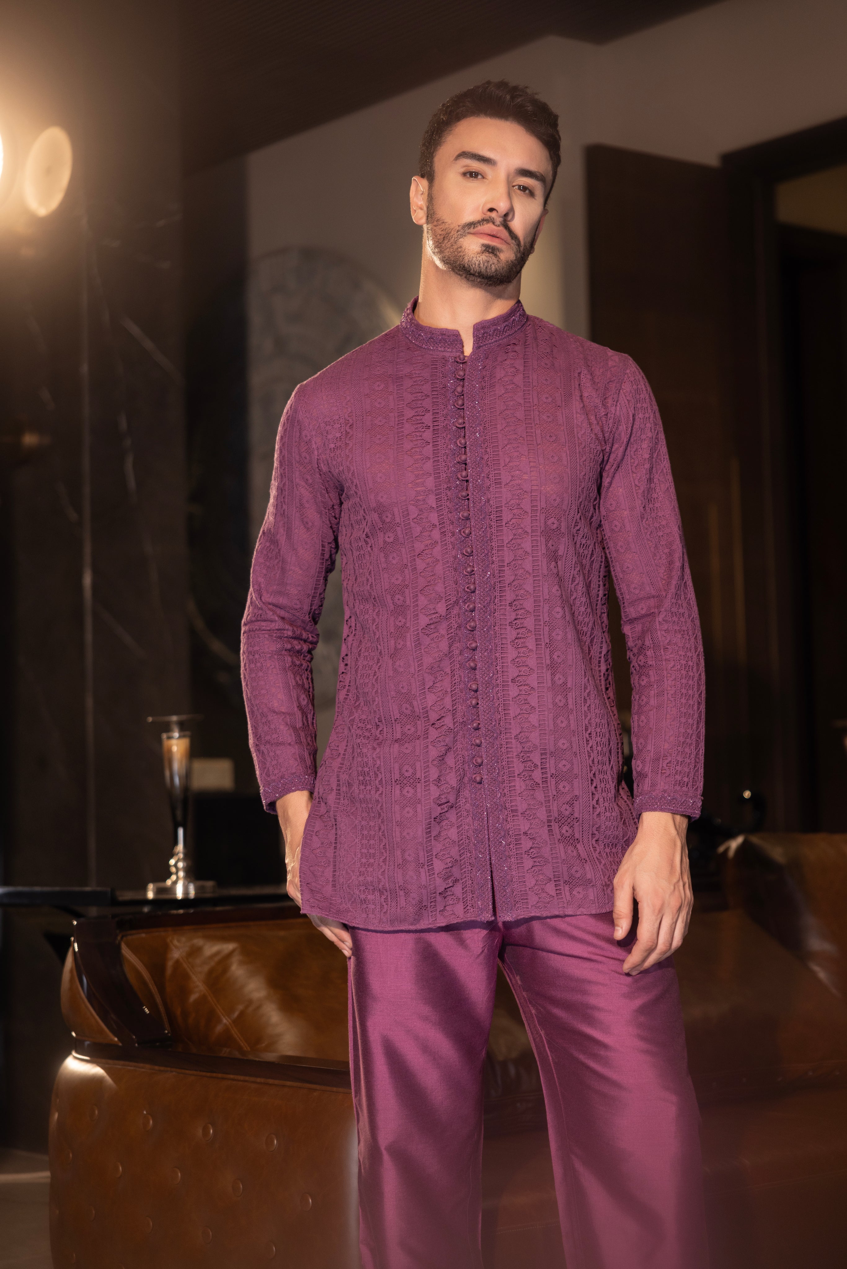 Hand-embroidered wine crochet short kurta paired with a matching aligadhi set.