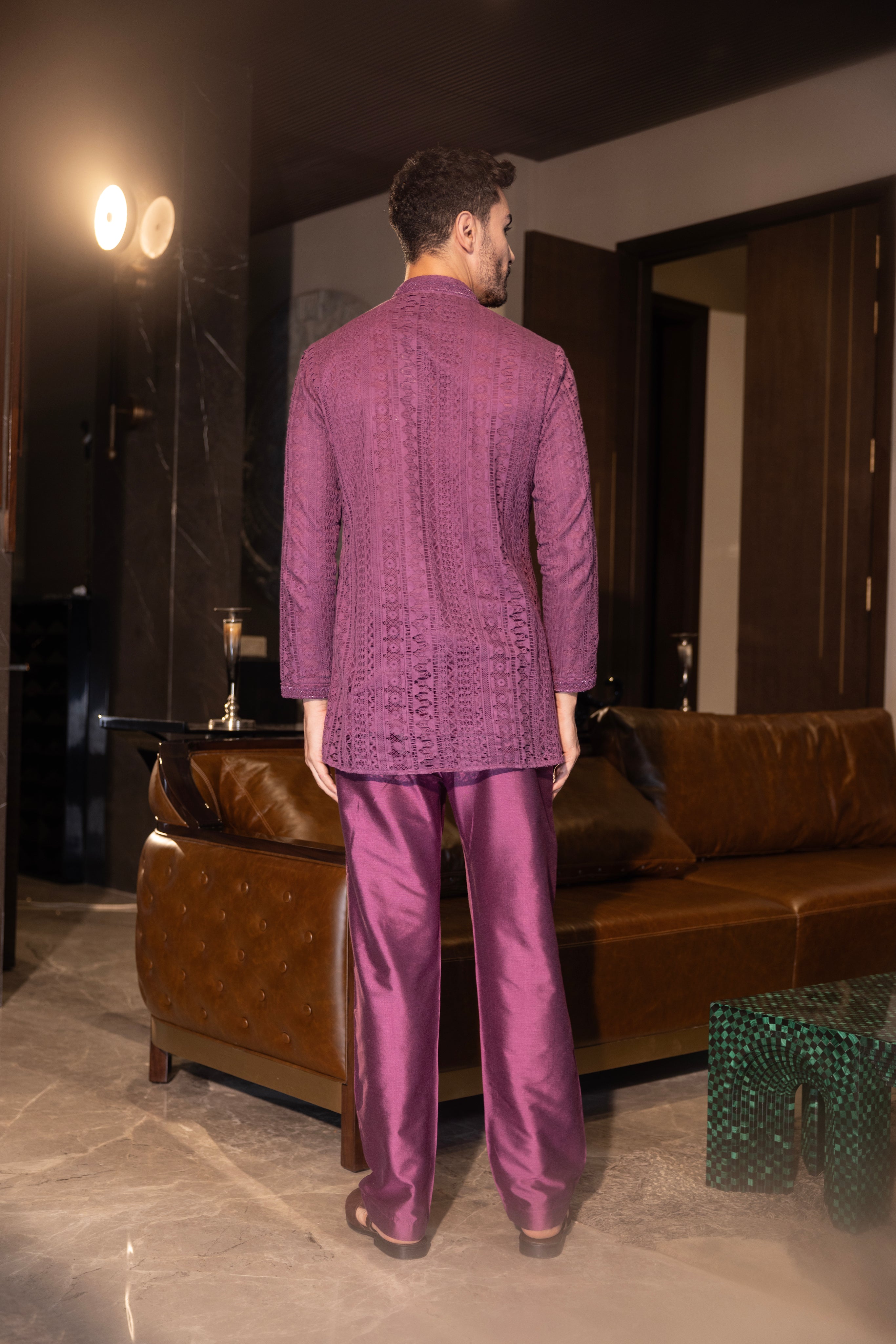 Hand-embroidered wine crochet short kurta paired with a matching aligadhi set.