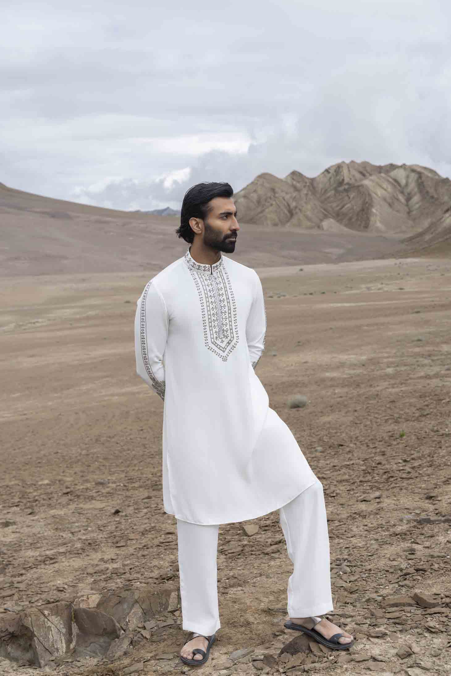 White Knit Kurta set with Metal Hand Embroidered Placket & Sleeves, Paired with Aligarhi Pants