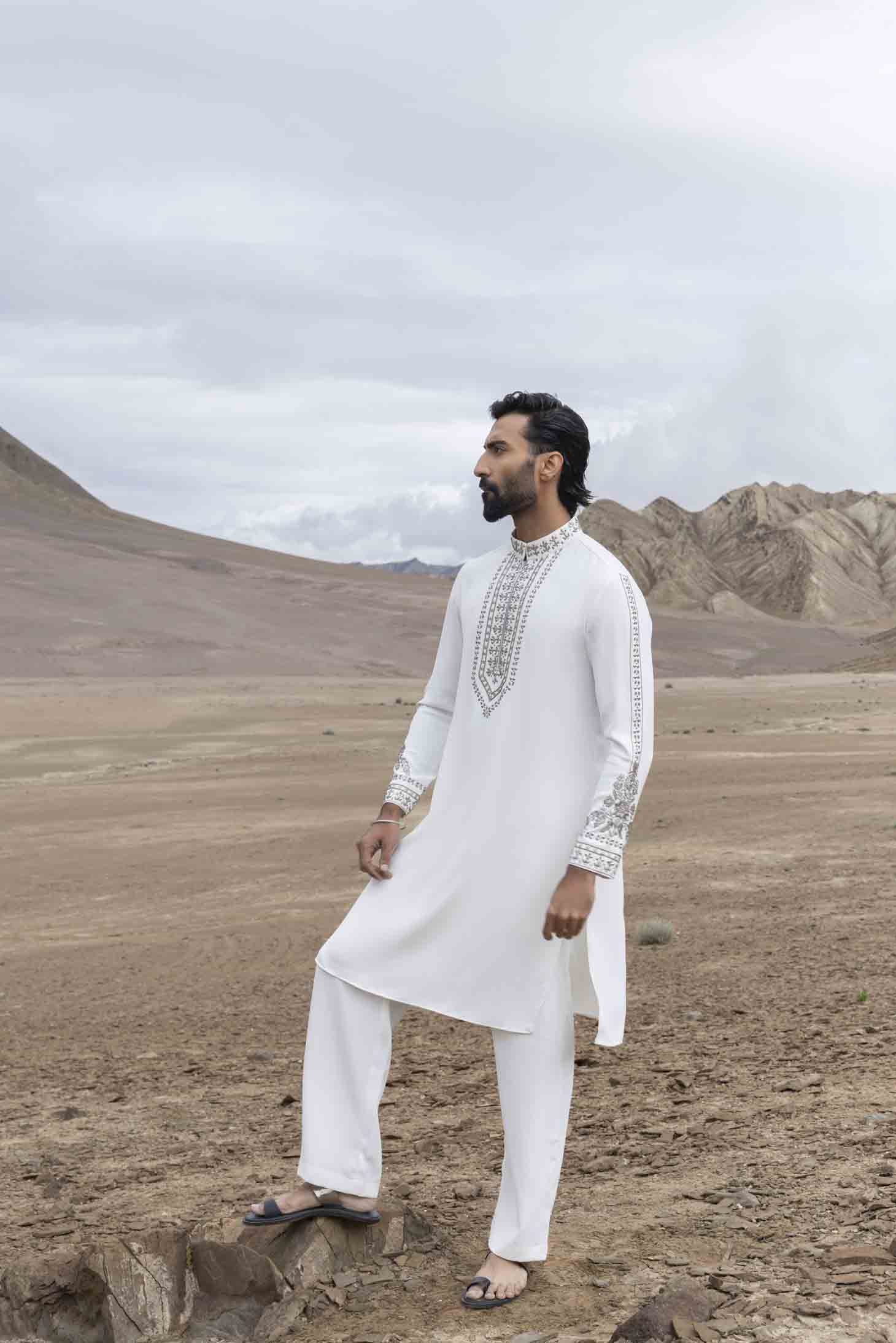 White Knit Kurta set with Metal Hand Embroidered Placket & Sleeves, Paired with Aligarhi Pants