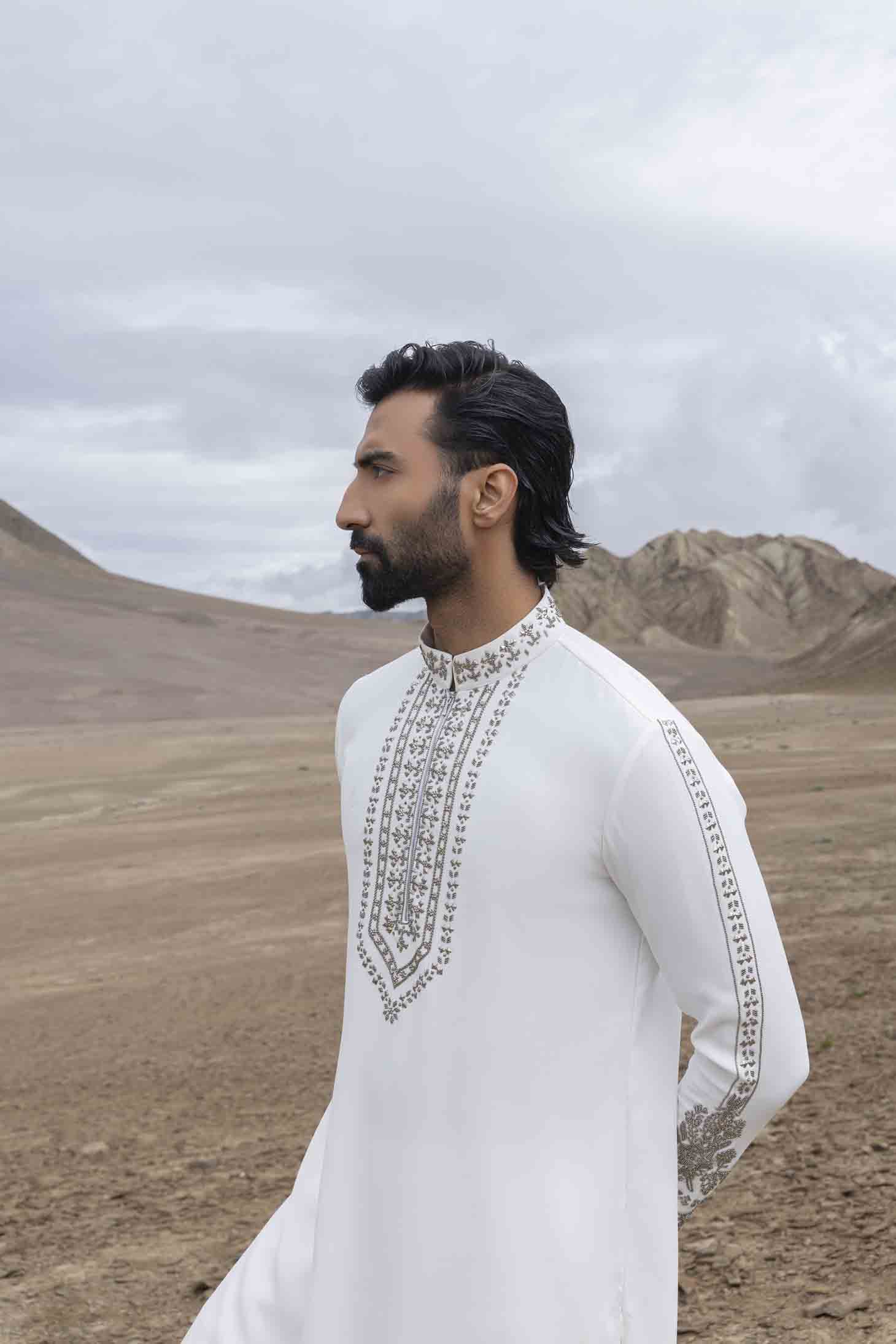 White Knit Kurta set with Metal Hand Embroidered Placket & Sleeves, Paired with Aligarhi Pants