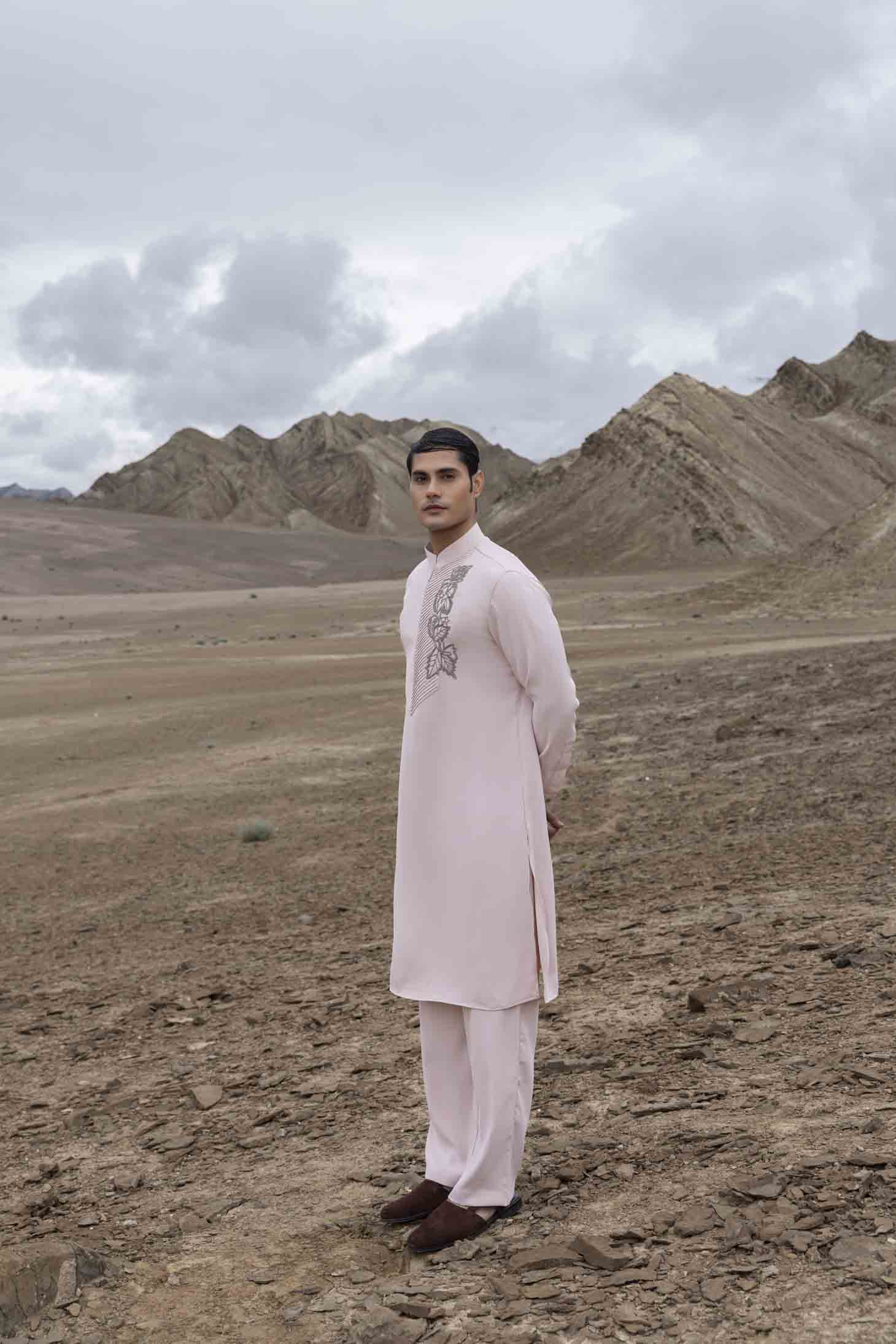 Pink Knit Kurta with Pintuck Placket & Metal Bead Floral Motifs, Paired with Aligarhi Pants