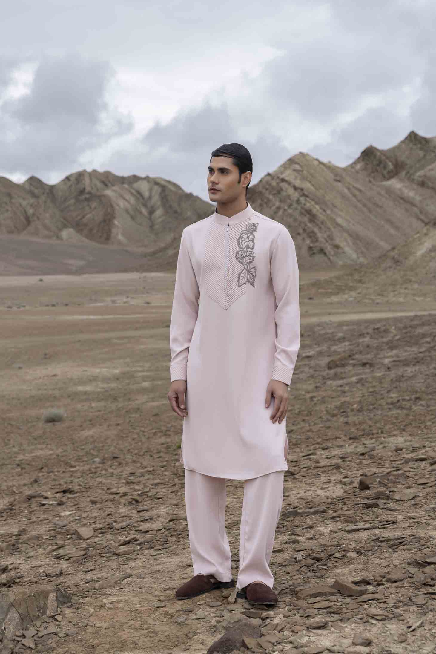 Pink Knit Kurta with Pintuck Placket & Metal Bead Floral Motifs, Paired with Aligarhi Pants
