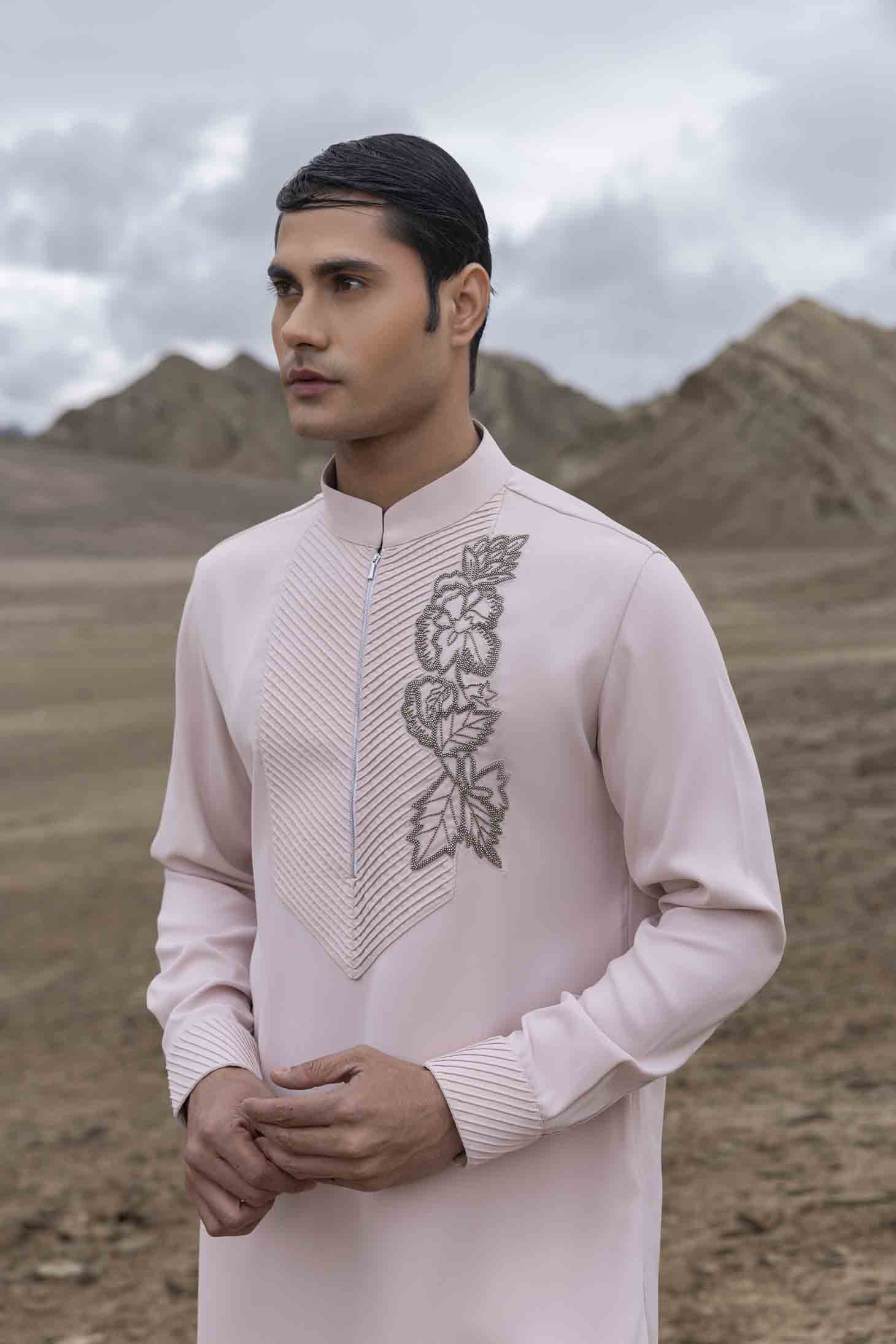 Pink Knit Kurta with Pintuck Placket & Metal Bead Floral Motifs, Paired with Aligarhi Pants